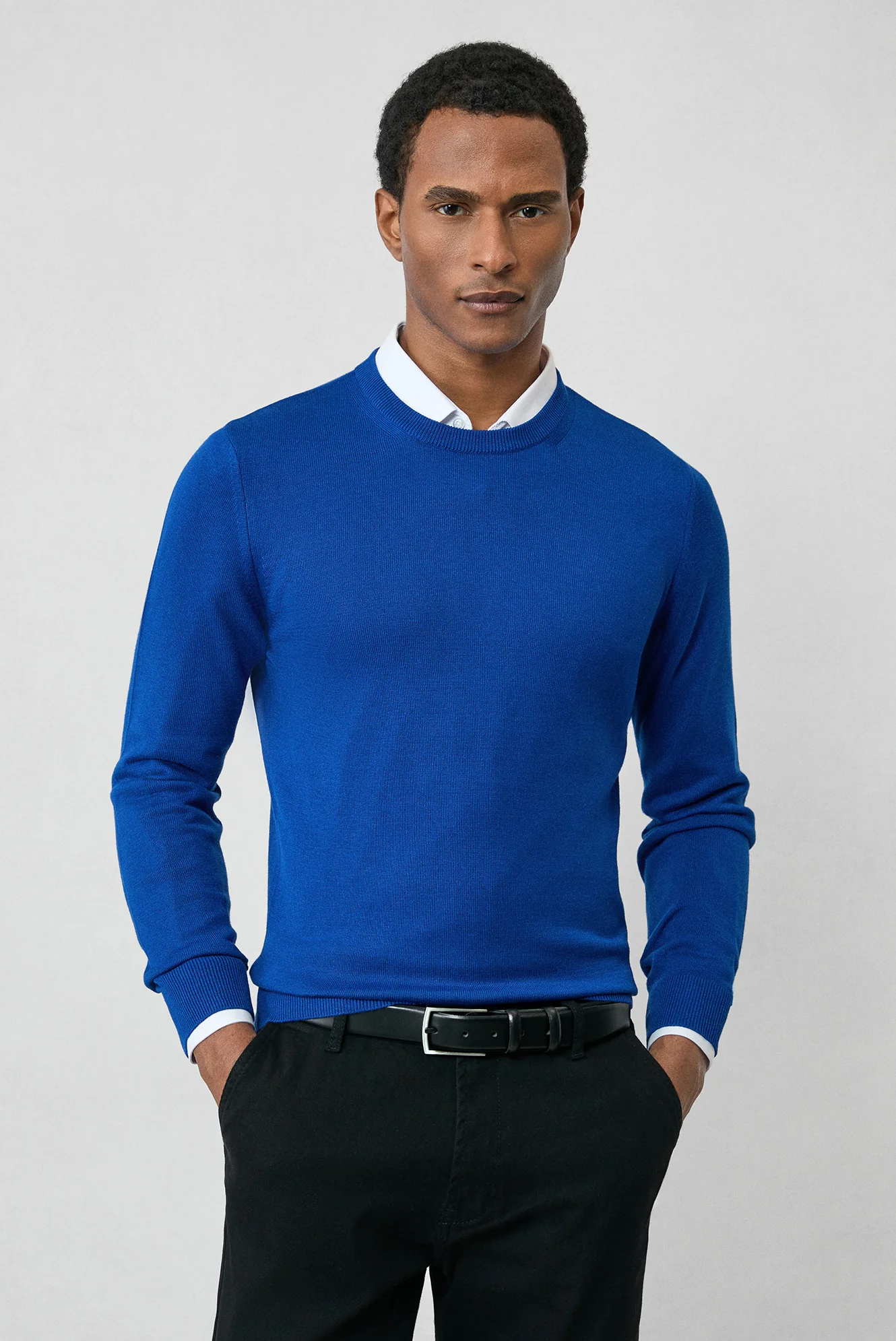 Saks Mavi Bisiklet Yaka Regular Fit Pamuklu Triko Kazak - Image 3