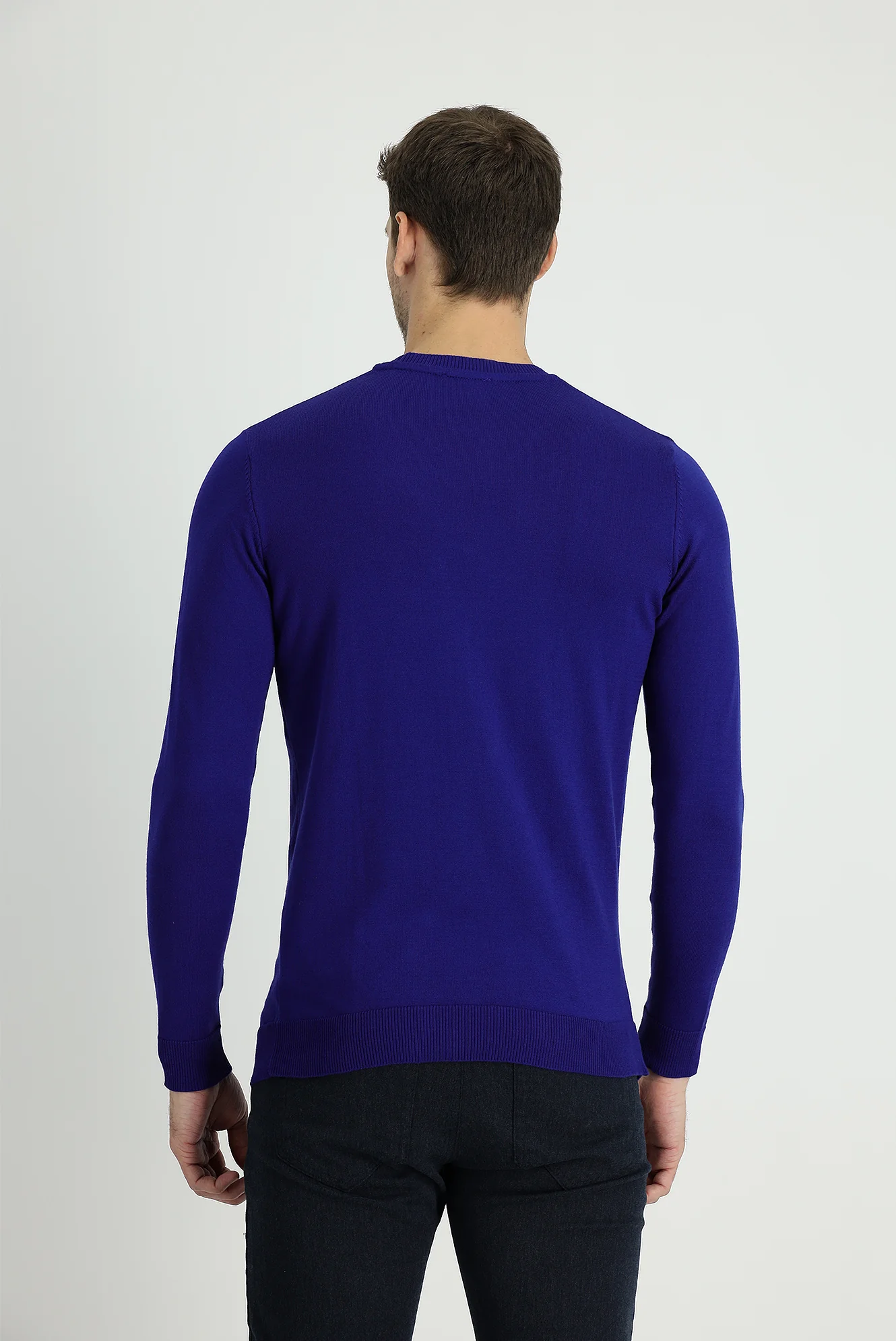 Saks Mavi Bisiklet Yaka Slim Fit Dar Kesim Desenli Pamuklu Triko Kazak - Image 3