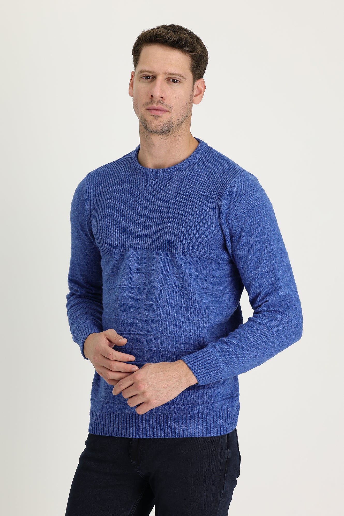 Saks Mavi Bisiklet Yaka Slim Fit Dar Kesim Desenli Triko Kazak - Image 2