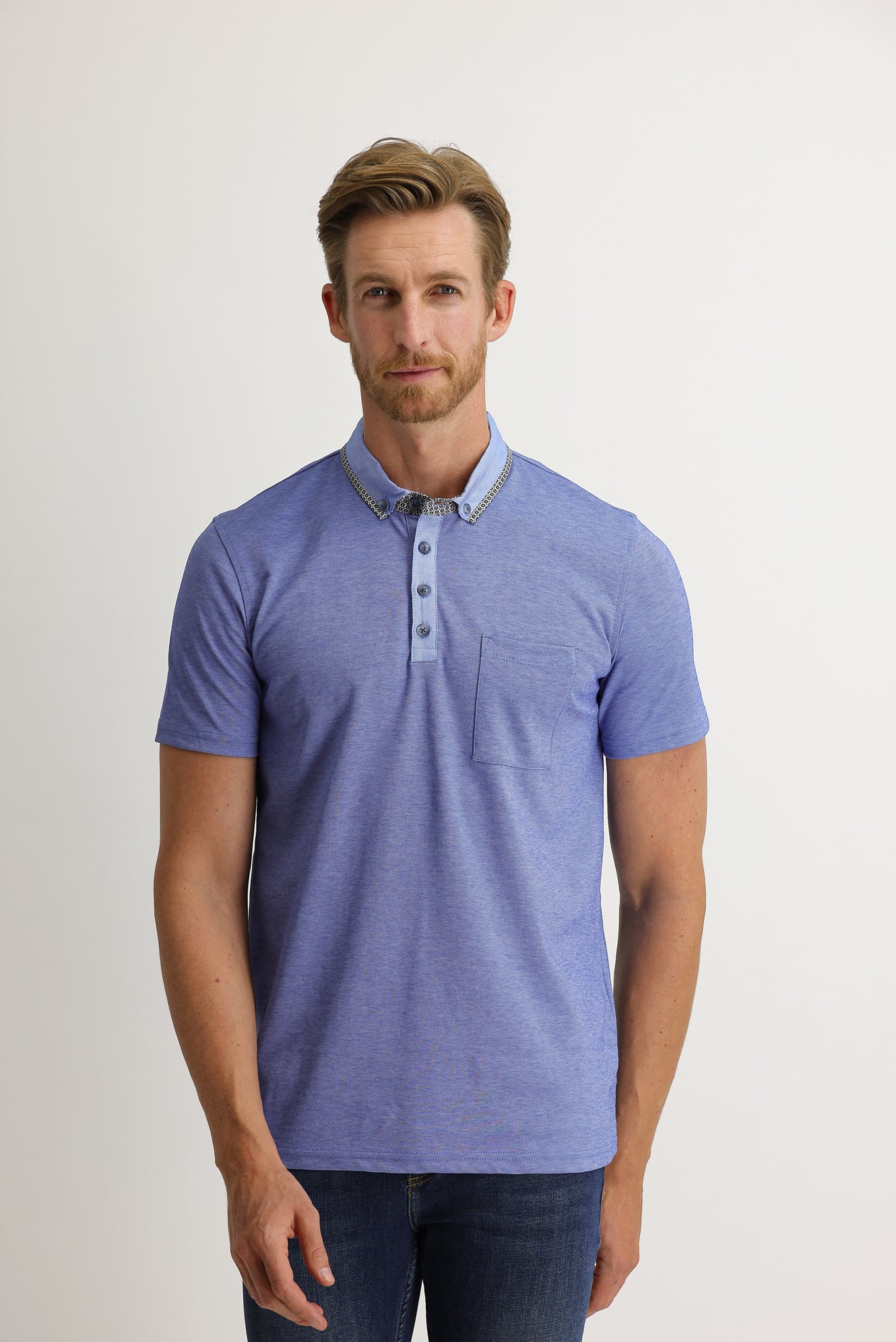 Saks Mavi Cepli Polo Yaka Slim Fit Dar Kesim Tişört - Image 2