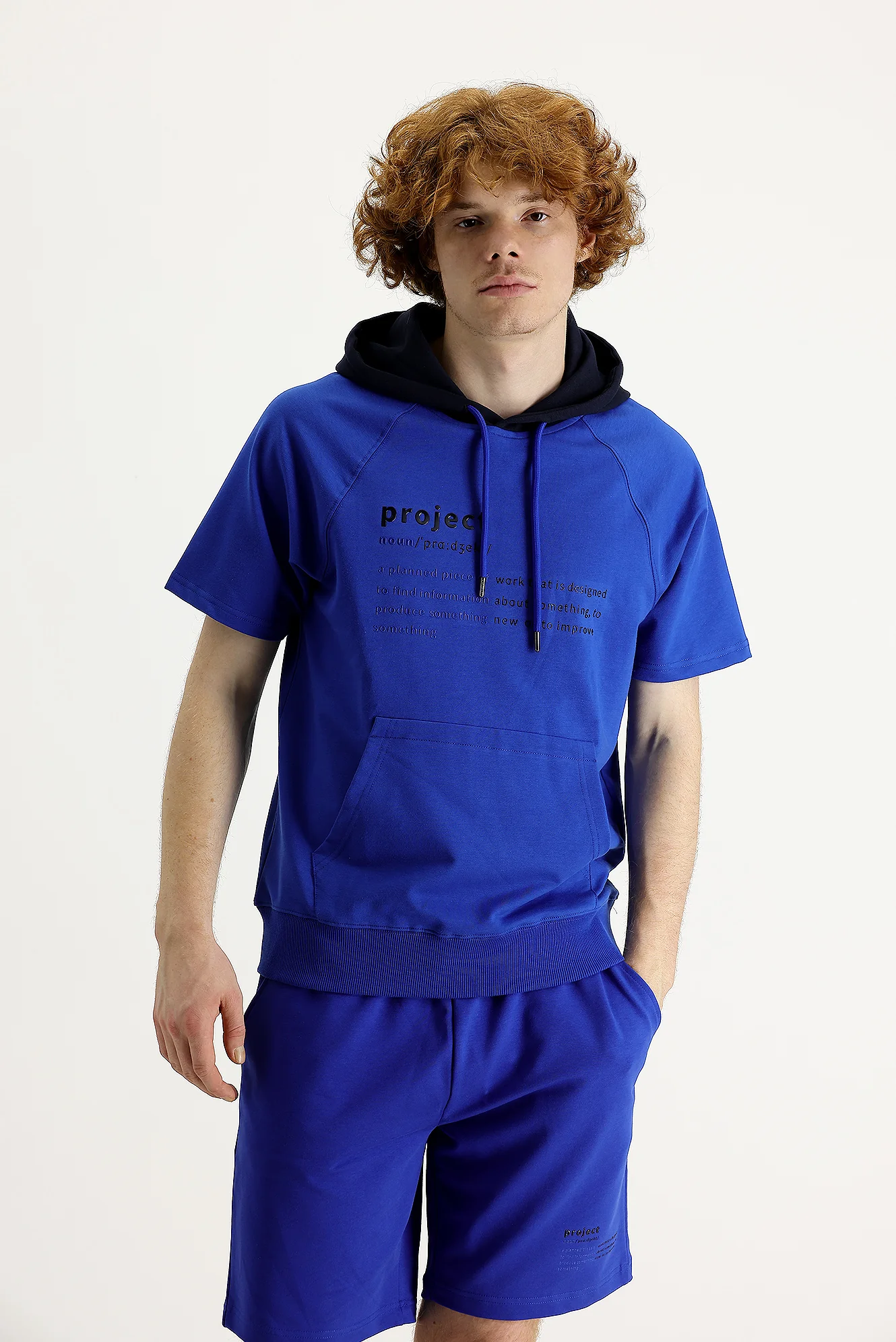 Saks Mavi Kapüşonlu Yarım Kol Baskılı Pamuklu Sweatshirt