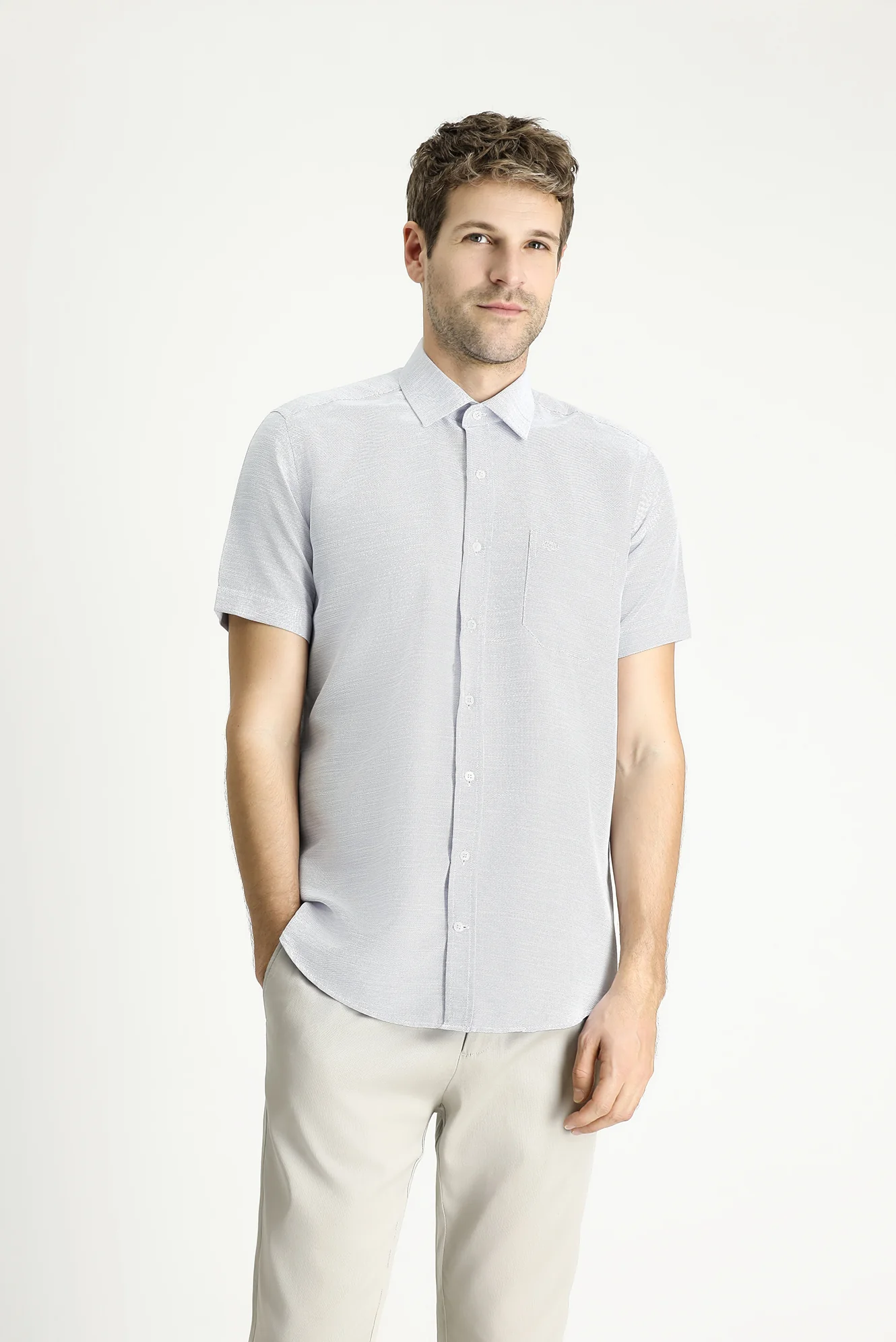 Saks Mavi Kısa Kol Regular Fit Desenli Pamuklu Gömlek - Image 3