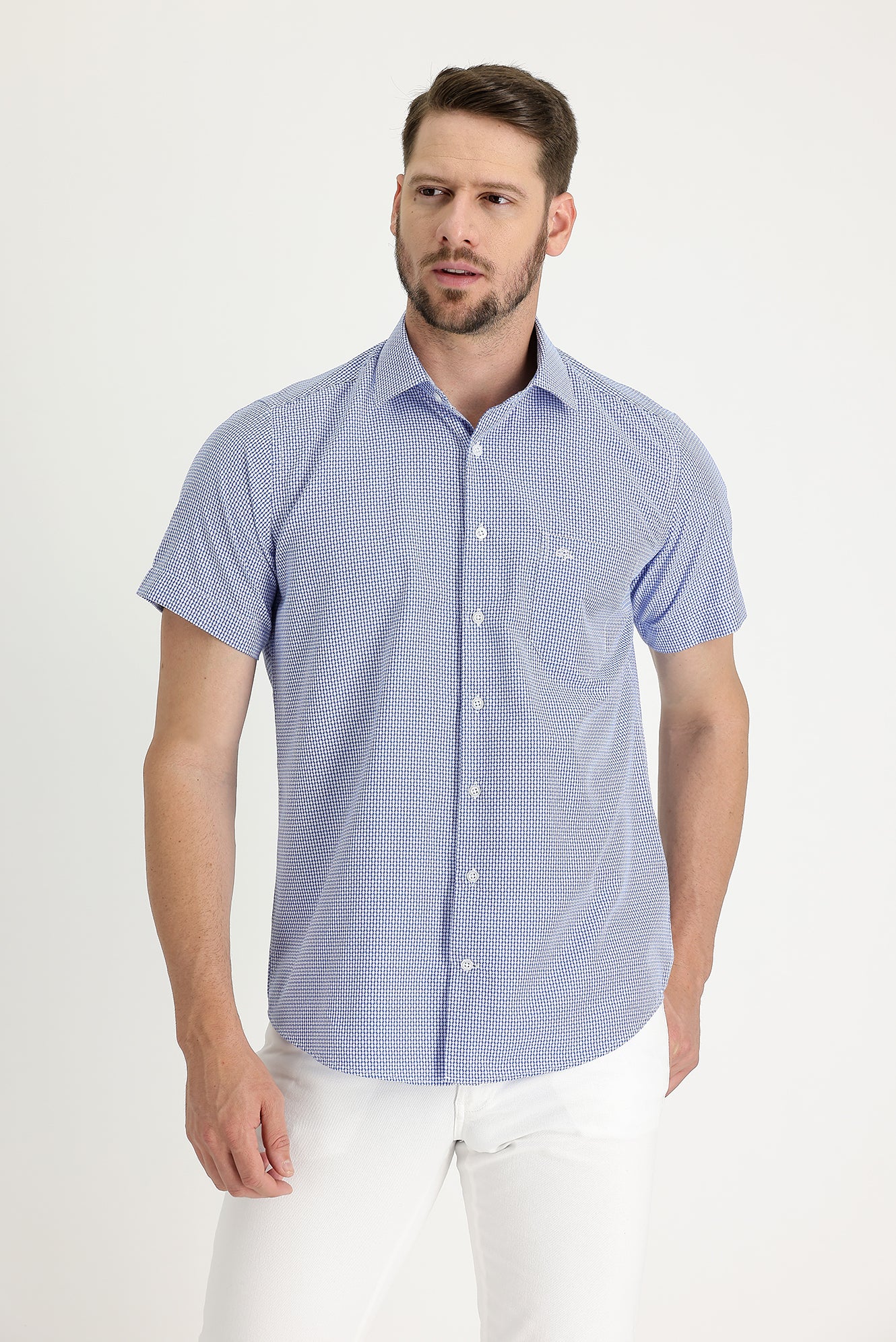 Saks Mavi Kısa Kol Regular Fit Ekose Gömlek