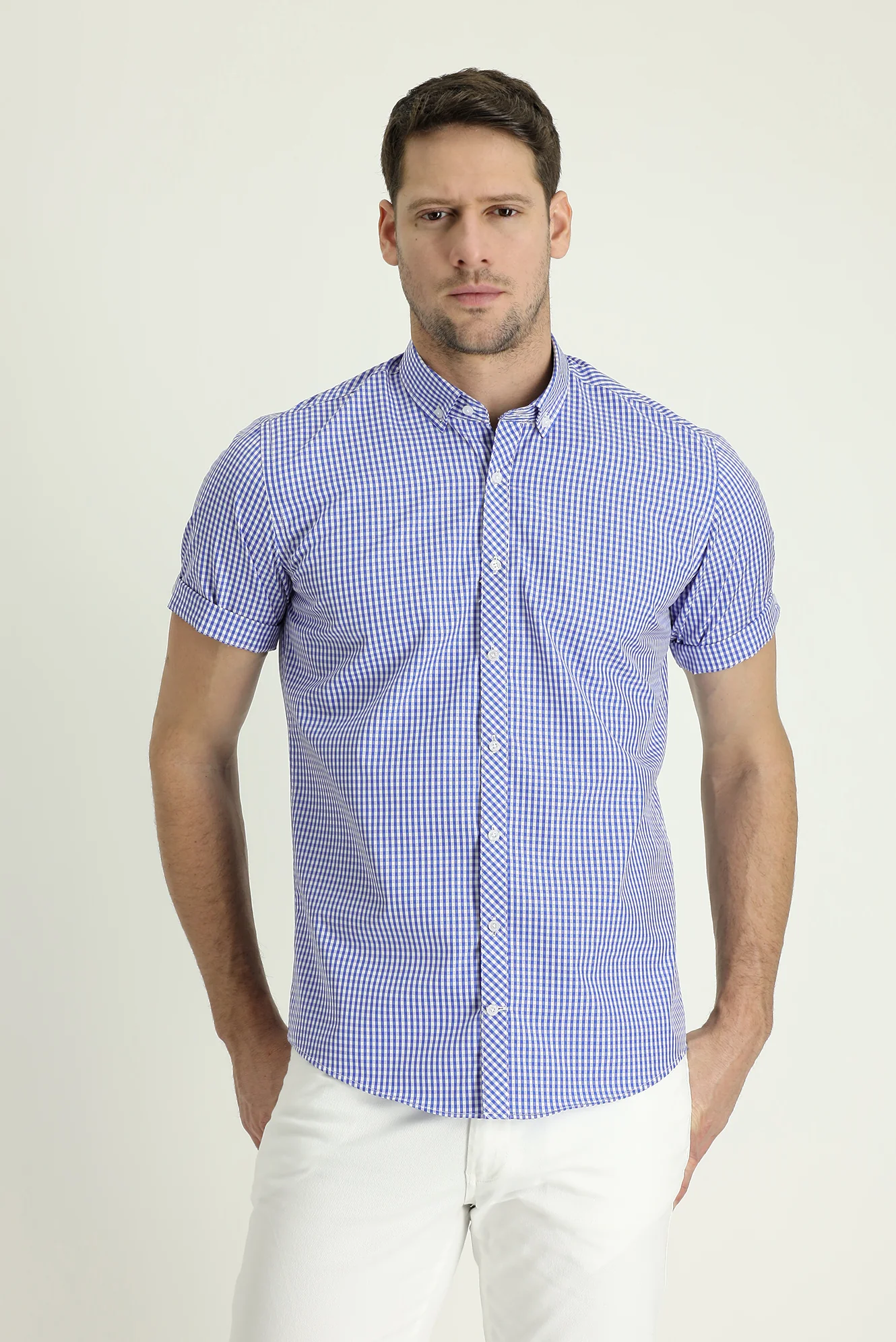 Saks Mavi Kısa Kol Slim Fit Dar Kesim Ekose Pamuk Gömlek - Image 2