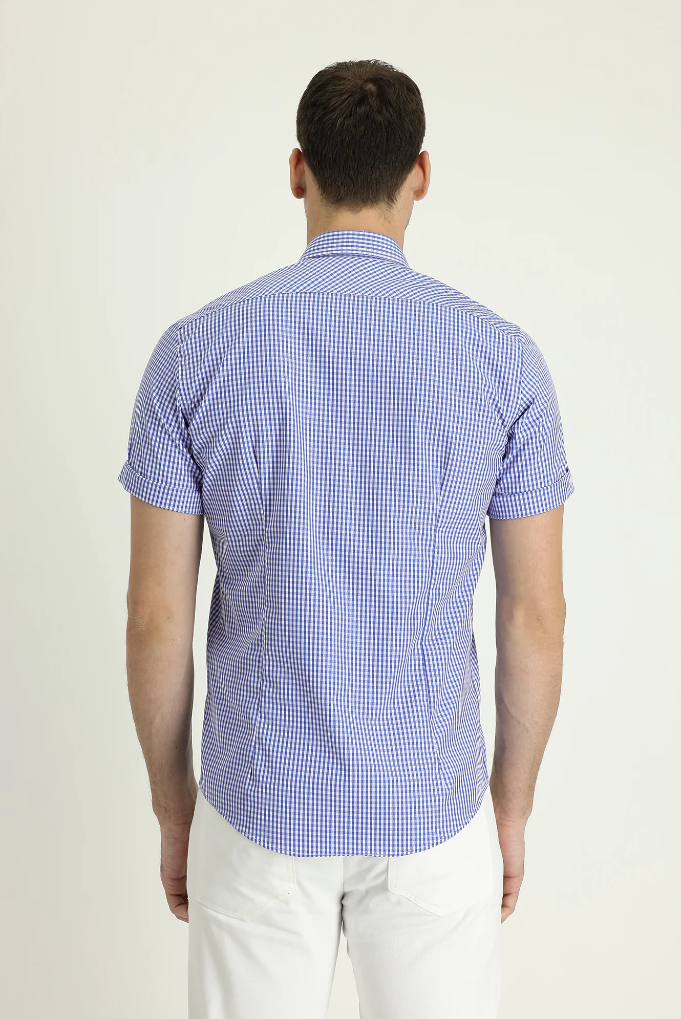 Saks Mavi Kısa Kol Slim Fit Dar Kesim Ekose Pamuk Gömlek - Image 3
