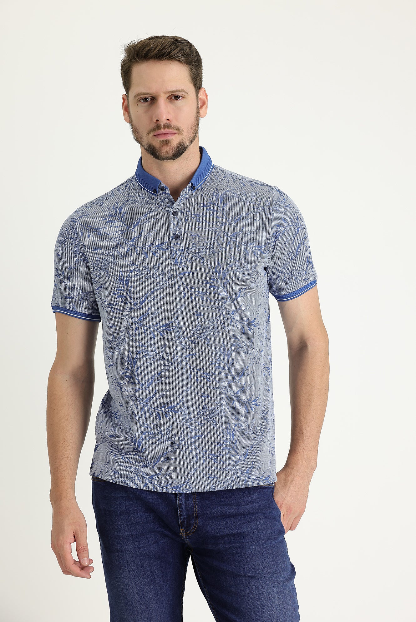 Saks Mavi Polo Yaka Regular Fit Desenli Tişört - Image 2