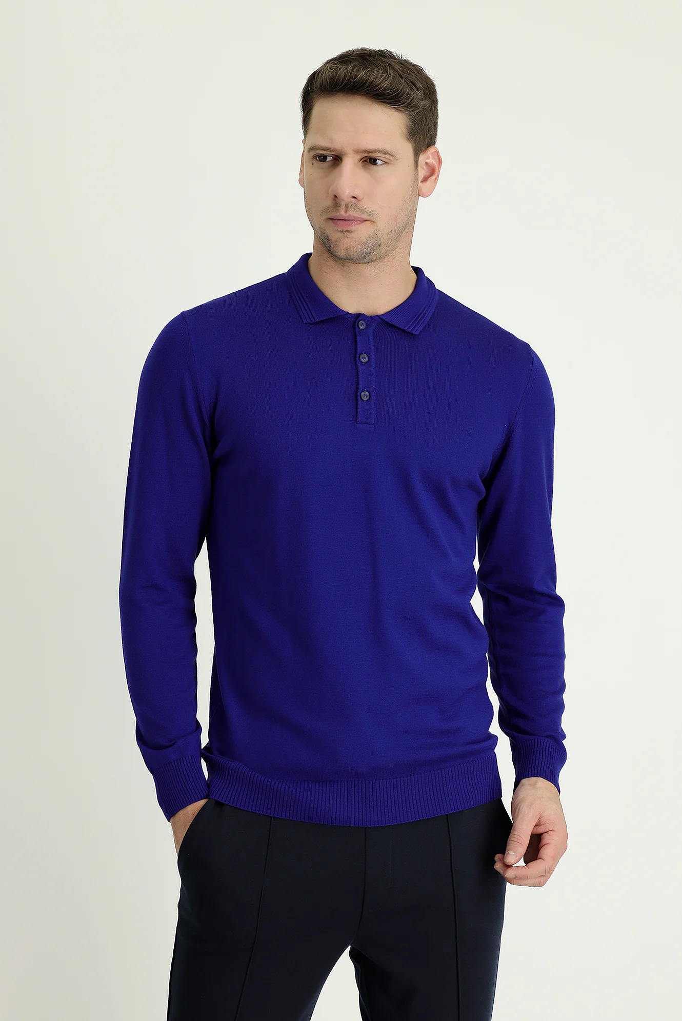 Saks Mavi Polo Yaka Regular Fit Pamuklu Triko Kazak - Image 2