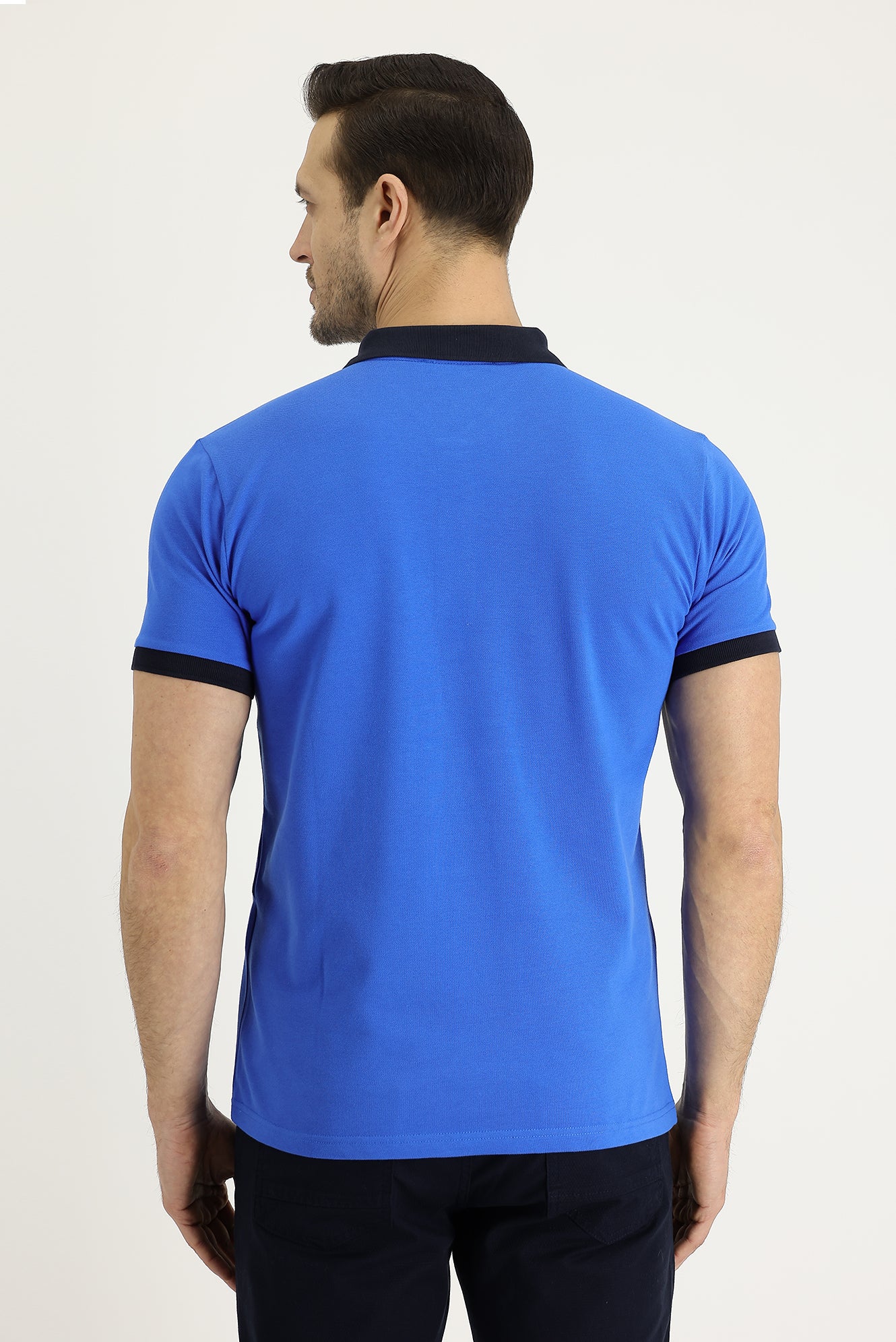 Saks Mavi Polo Yaka Slim Fit Dar Kesim Desenli Pamuk Tişört - Image 2