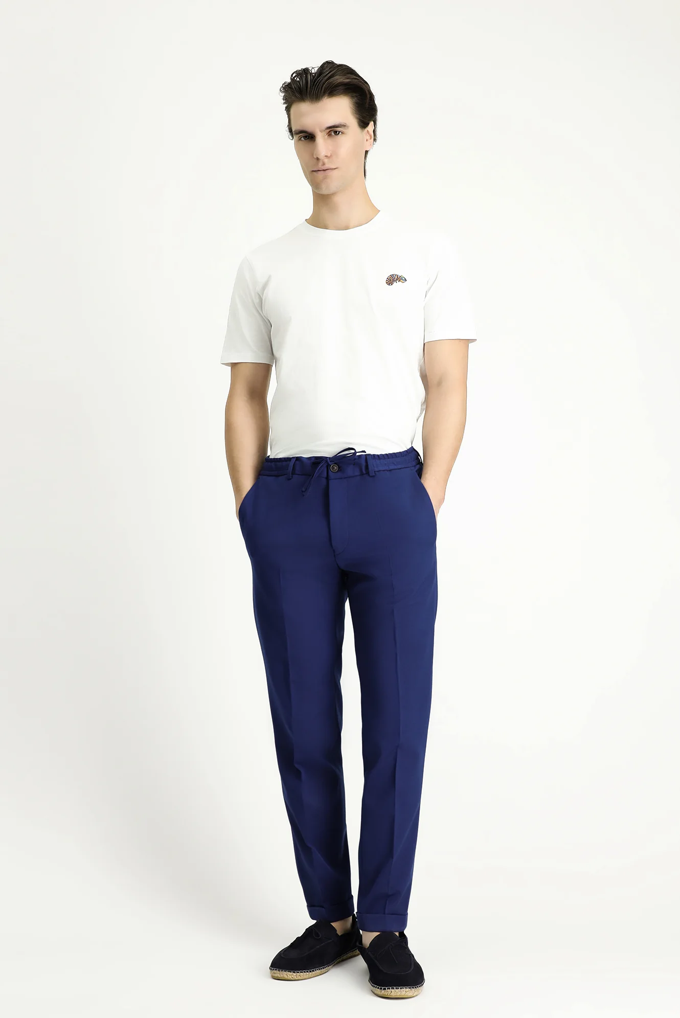 Saks Mavi 7 Drop Slim Fit Dar Kesim Likralı Beli Lastikli İpli Klasik Kumaş Pantolon