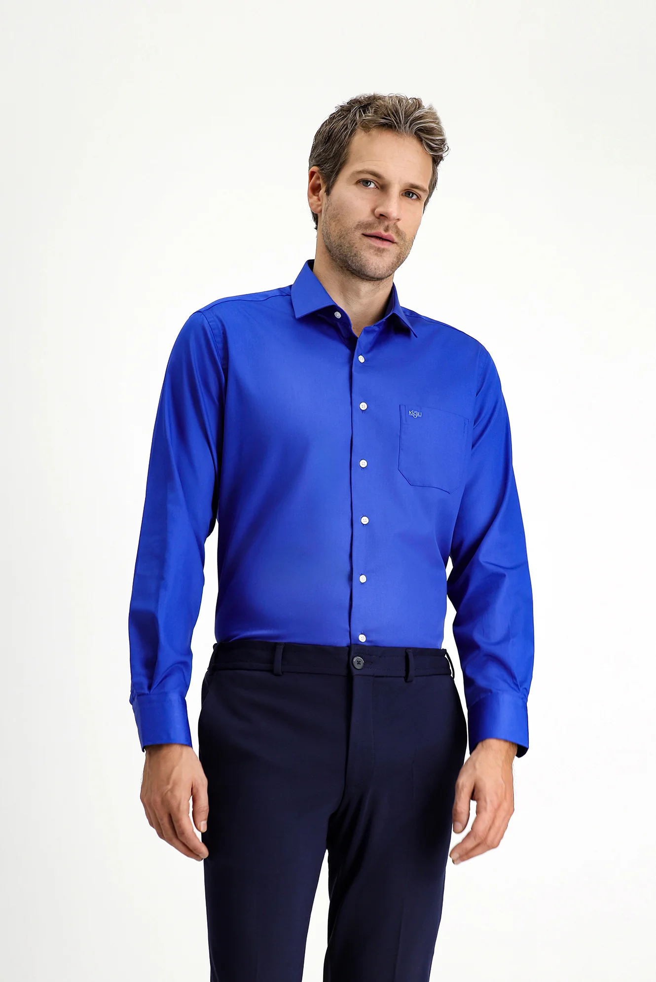 Saks Mavi Uzun Kol Non Iron Saten Klasik Cepli Pamuklu Gömlek