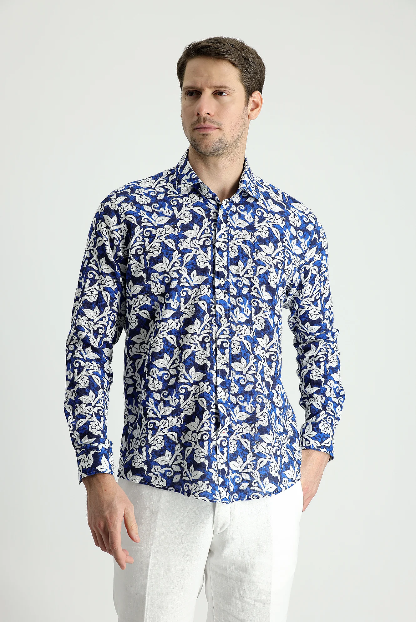 Saks Mavi Uzun Kol Slim Fit Dar Kesim Baskılı Pamuk Gömlek