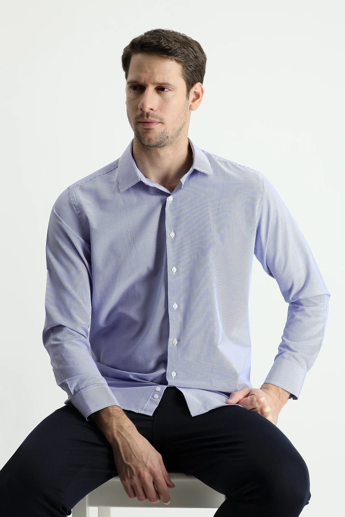 Saks Mavi Uzun Kol Slim Fit Dar Kesim Çizgili Pamuklu Kolay Ütülenebilir Gömlek