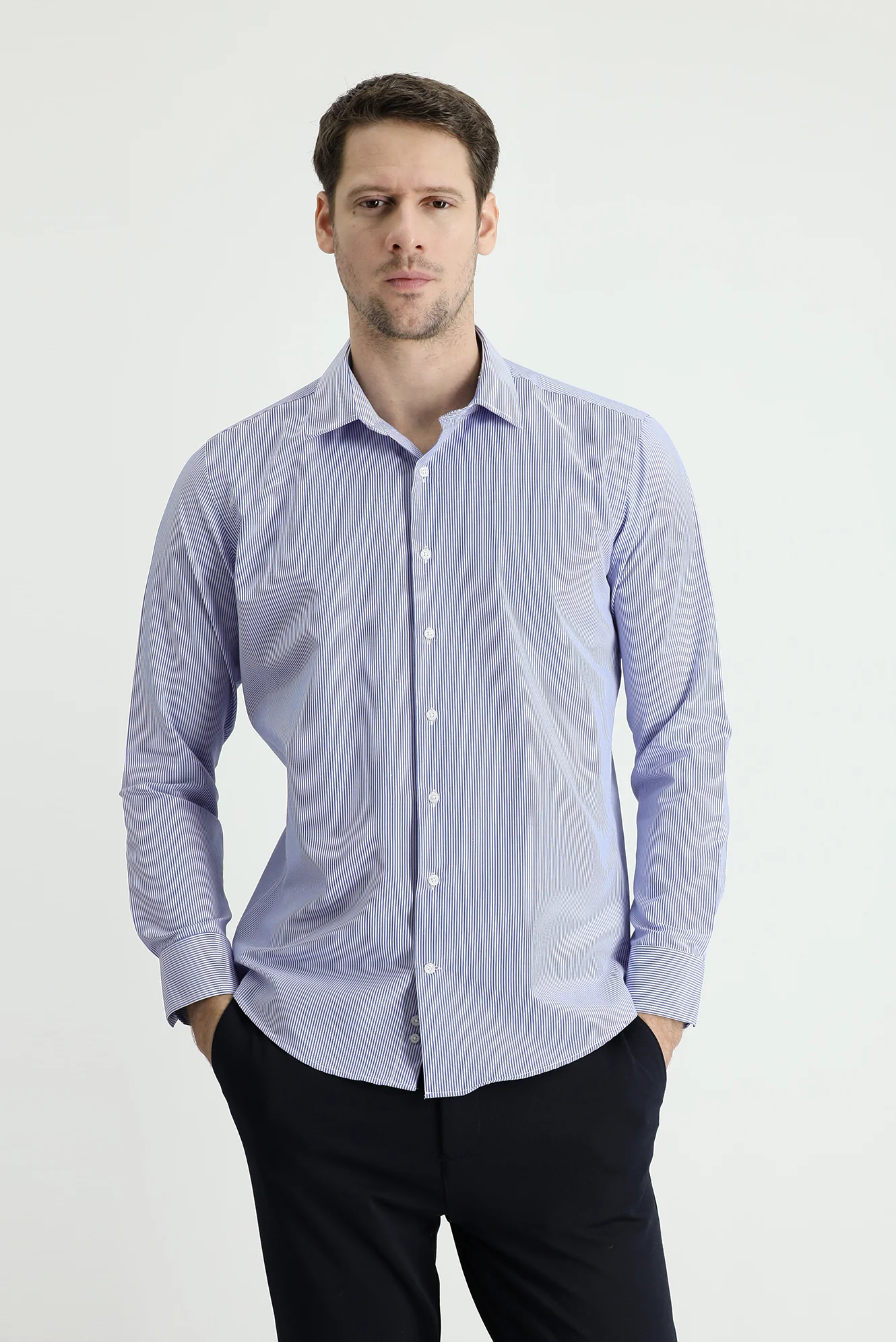 Saks Mavi Uzun Kol Slim Fit Dar Kesim Çizgili Pamuklu Kolay Ütülenebilir Gömlek - Image 2