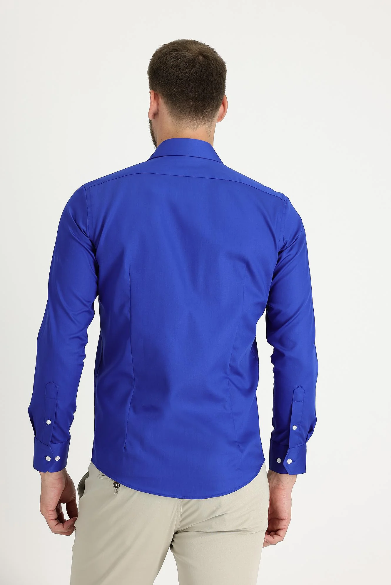 Saks Mavi Uzun Kol Slim Fit Dar Kesim Klasik Non Iron Saten Pamuklu Gömlek - Image 2