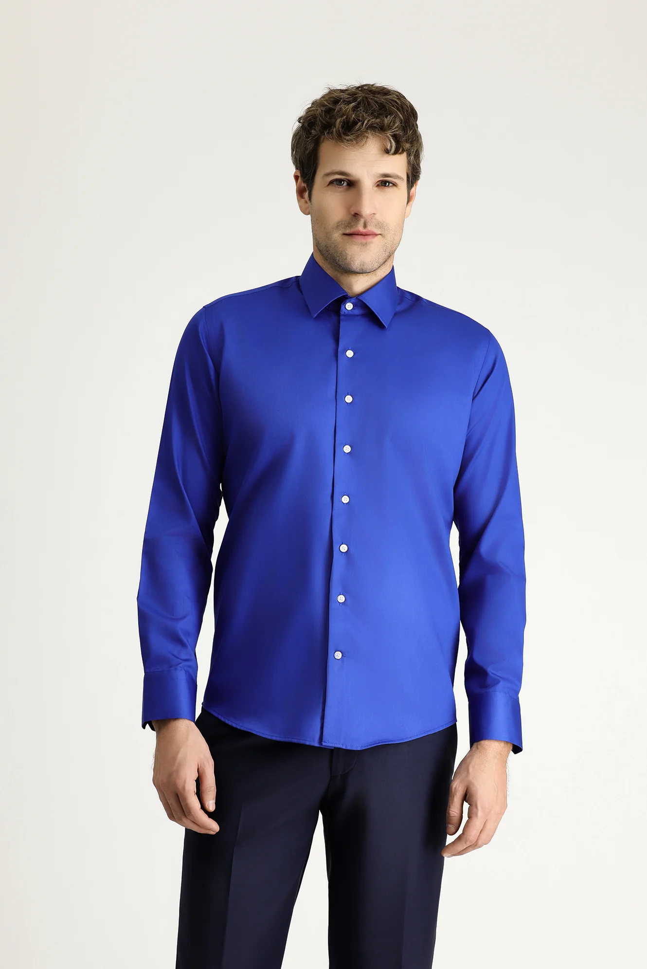 Saks Mavi Uzun Kol Slim Fit Dar Kesim Klasik Non Iron Saten Pamuklu Gömlek - Image 3