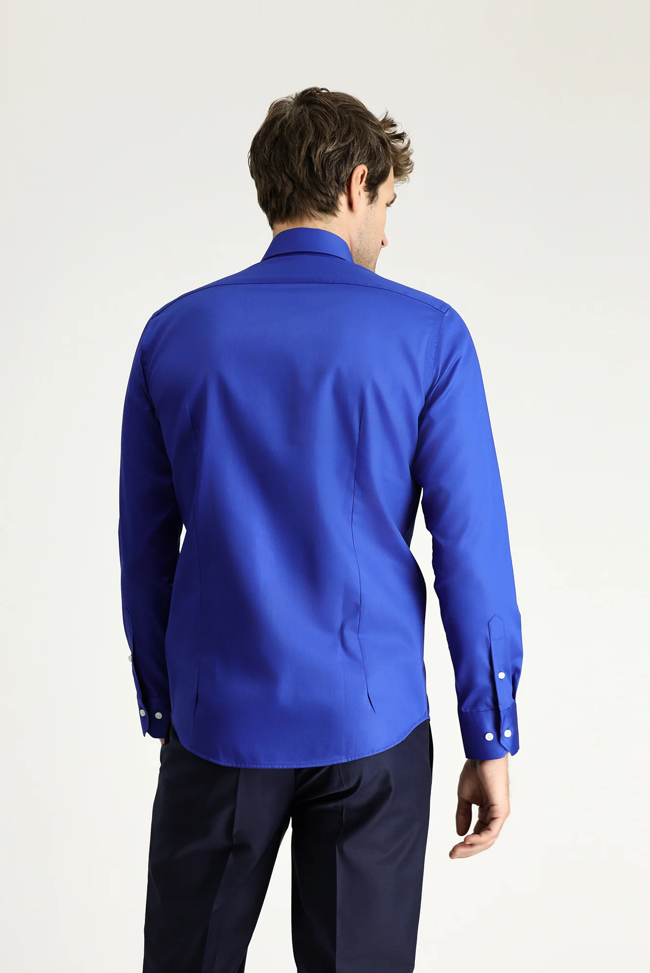 Saks Mavi Uzun Kol Slim Fit Dar Kesim Klasik Non Iron Saten Pamuklu Gömlek - Image 4