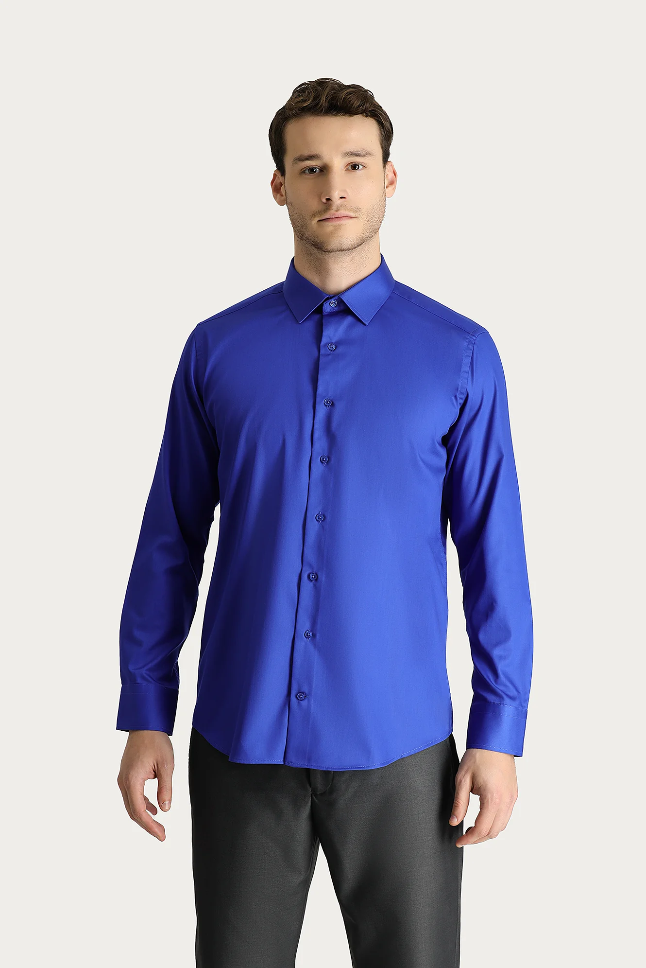 Saks Mavi Uzun Kol Slim Fit Dar Kesim Non Iron Saten Pamuklu Gömlek - Image 3