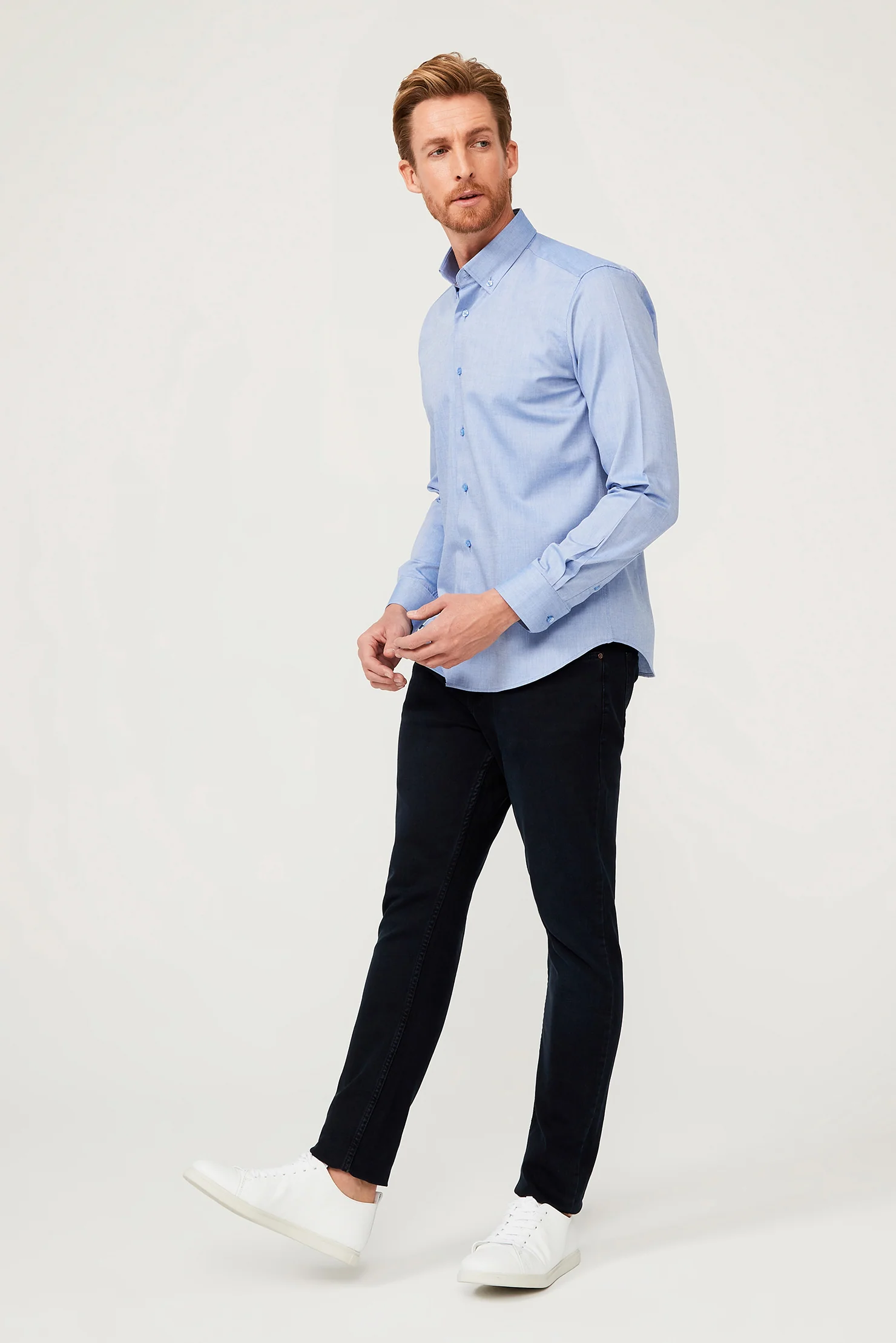 Saks Mavi Uzun Kol Slim Fit Dar Kesim Pamuk Gömlek - Image 2