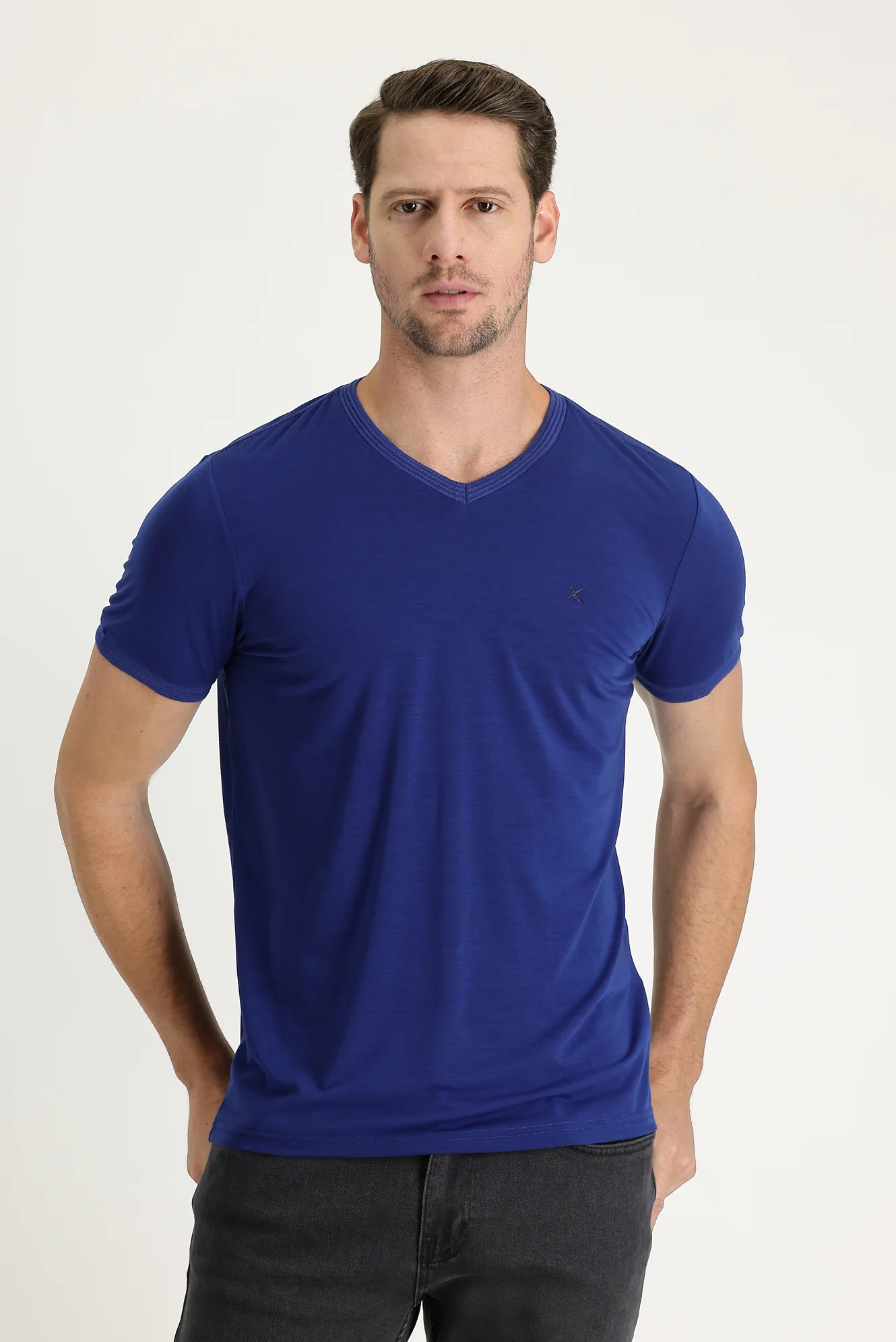 Saks Mavi V Yaka Slim Fit Dar Kesim Nakışlı Tişört - Image 2