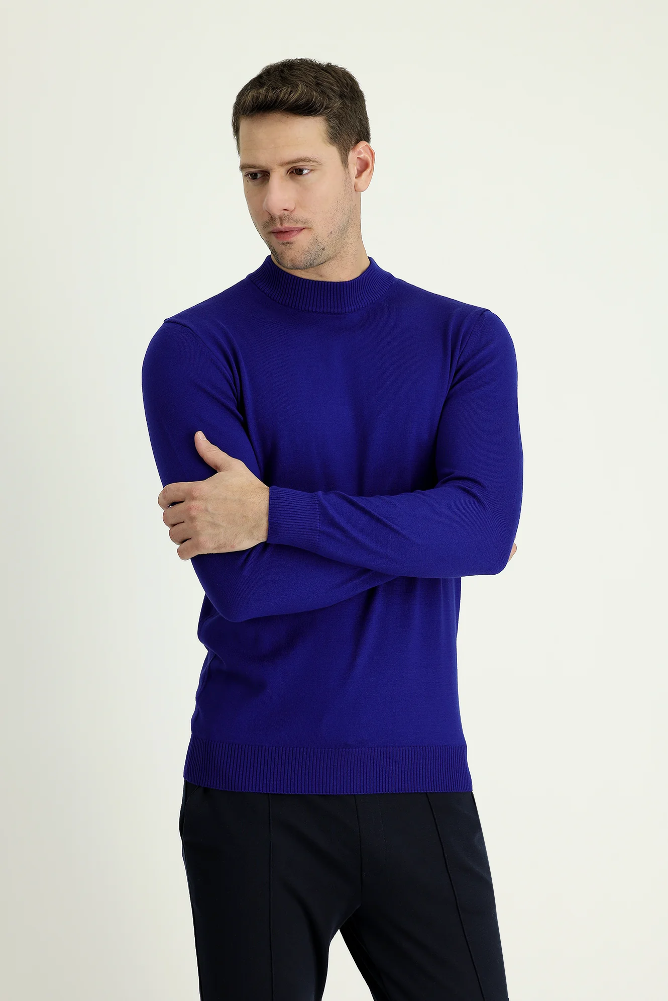 Saks Mavi Yarım Balıkçı Yaka Regular Fit Triko Kazak