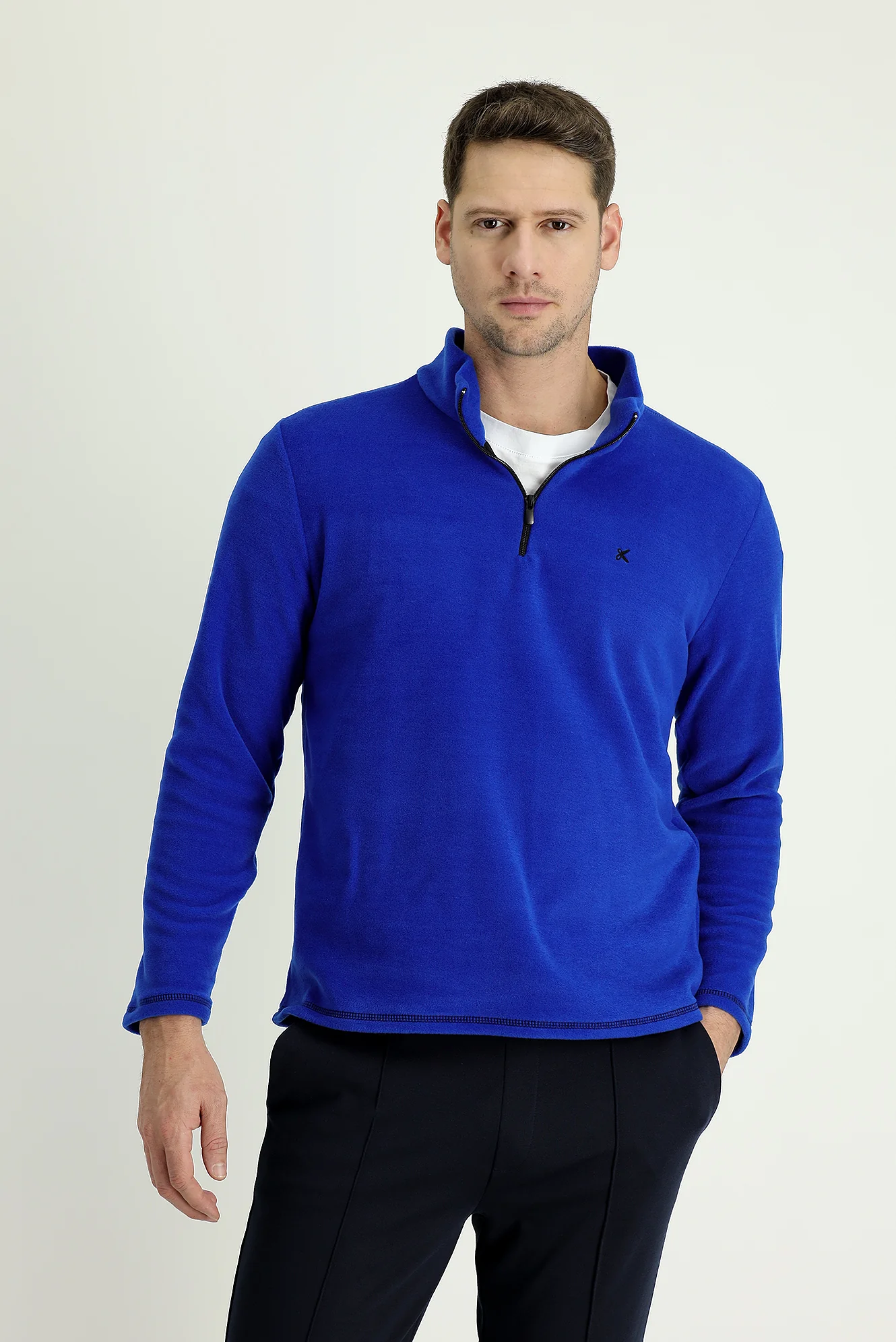 Saks Mavi Yarım Fermuarlı Dik Yaka Soğuk Geçirmez Tüylenme Yapmayan Polar Sweatshirt - Image 2