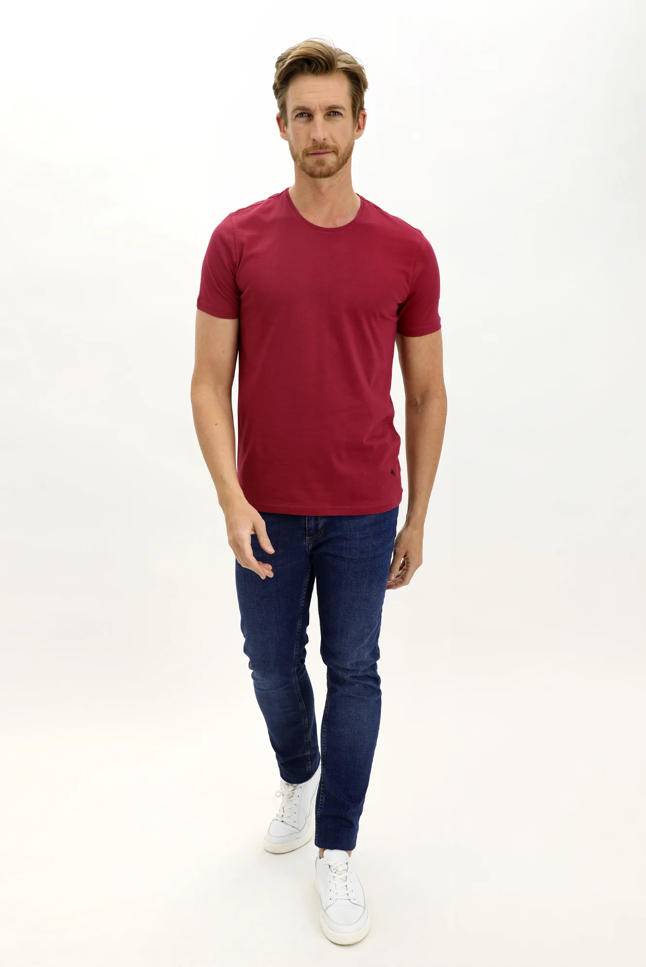 Şarap Bordo Bisiklet Yaka Slim Fit Dar Kesim Pamuk Tişört - Image 2