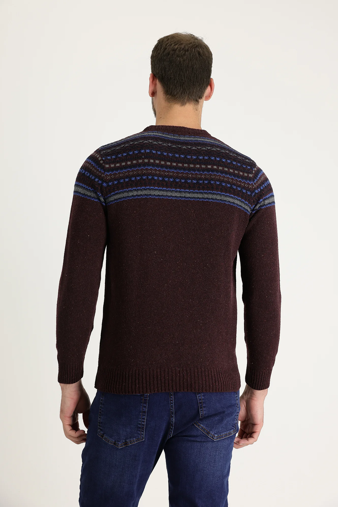 Şarap Bordo Bisiklet Yaka Slim Fit Dar Kesim Yünlü Desenli Triko Kazak - Image 3
