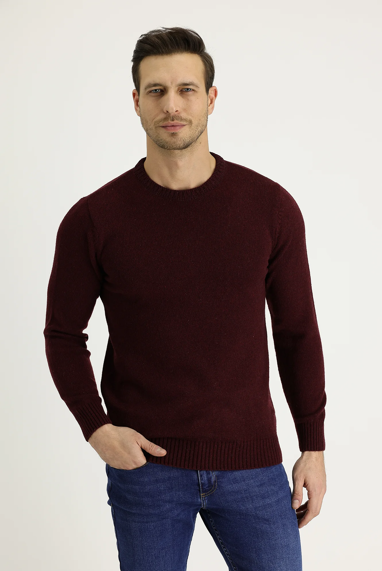 Şarap Bordo Bisiklet Yaka Slim Fit Dar Kesim Yünlü Triko Kazak - Image 2