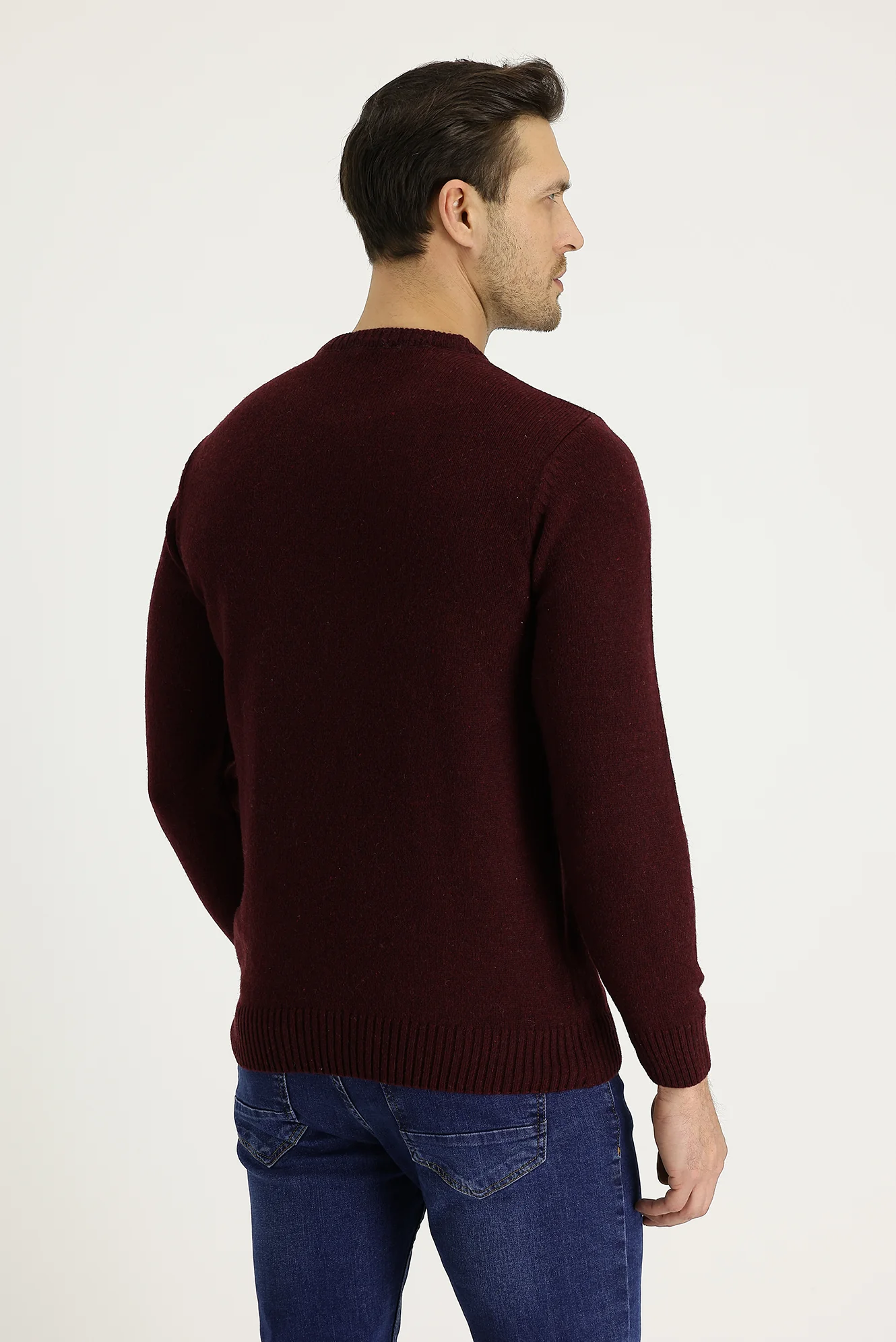 Şarap Bordo Bisiklet Yaka Slim Fit Dar Kesim Yünlü Triko Kazak - Image 3