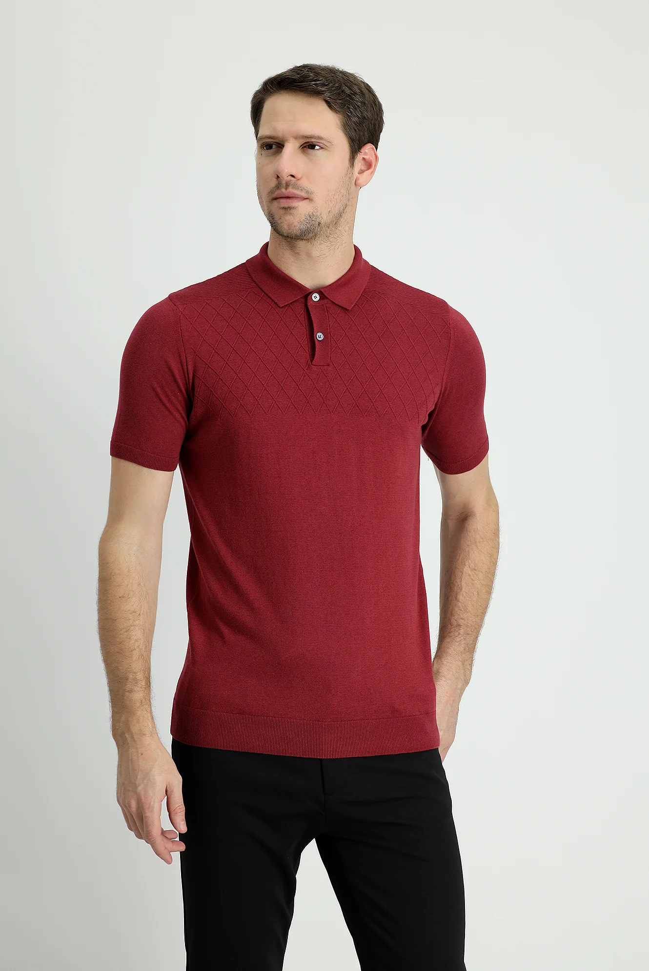 Şarap Bordo Polo Yaka Regular Fit Desenli Tişört - Image 2