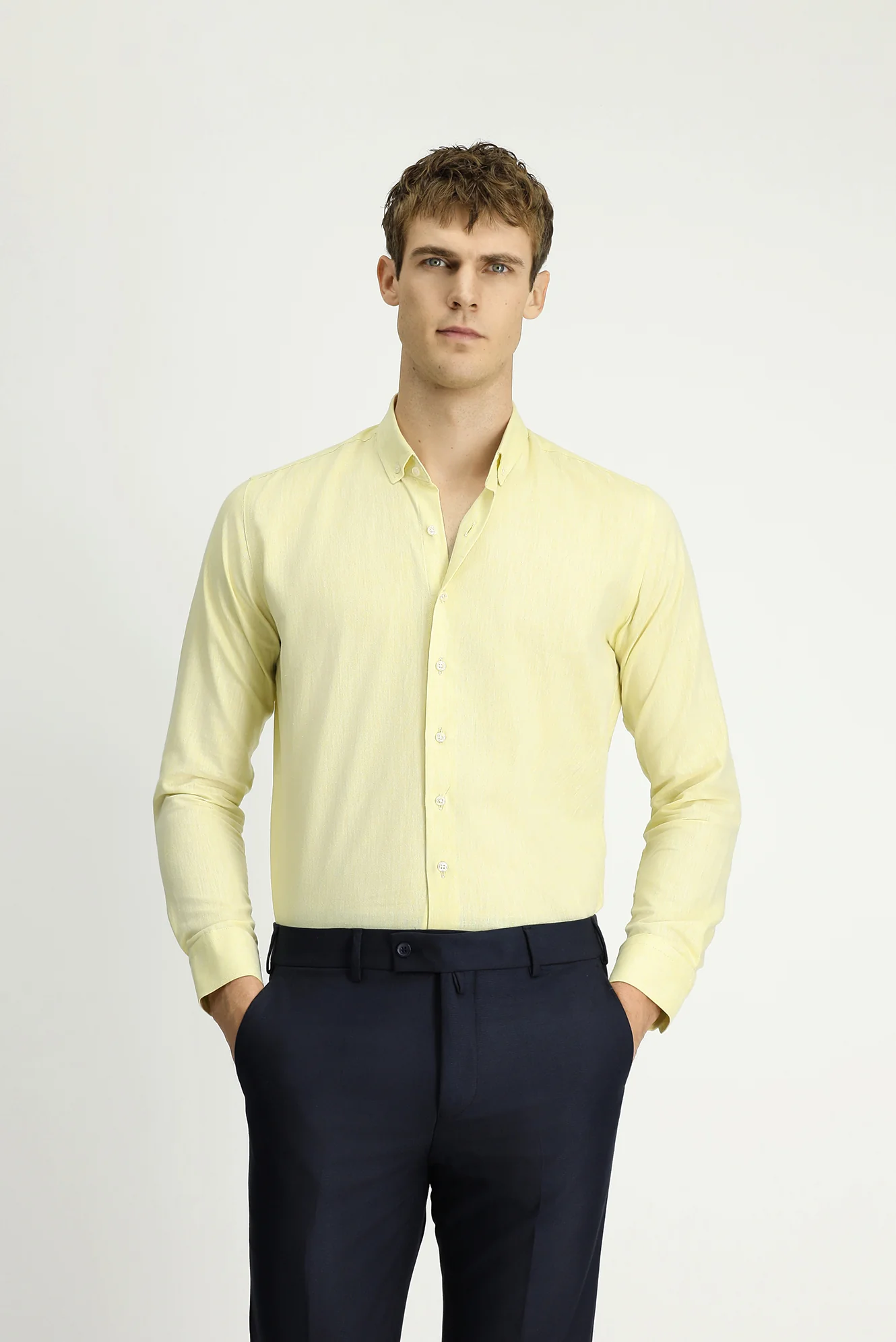 Sarı Uzun Kol Slim Fit Dar Kesim Pamuklu Keten Düğmeli Yaka Gömlek