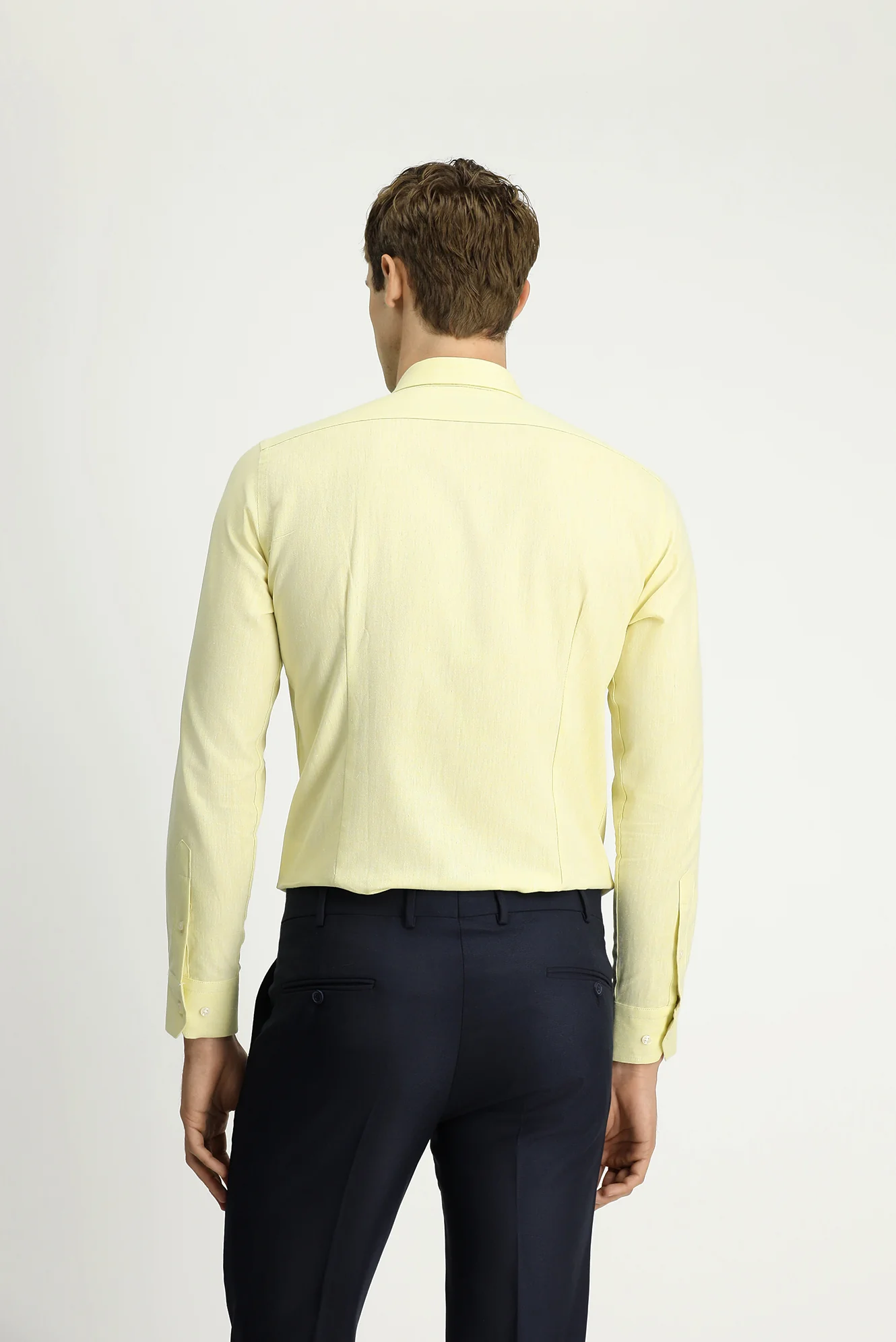 Sarı Uzun Kol Slim Fit Dar Kesim Pamuklu Keten Düğmeli Yaka Gömlek - Image 5