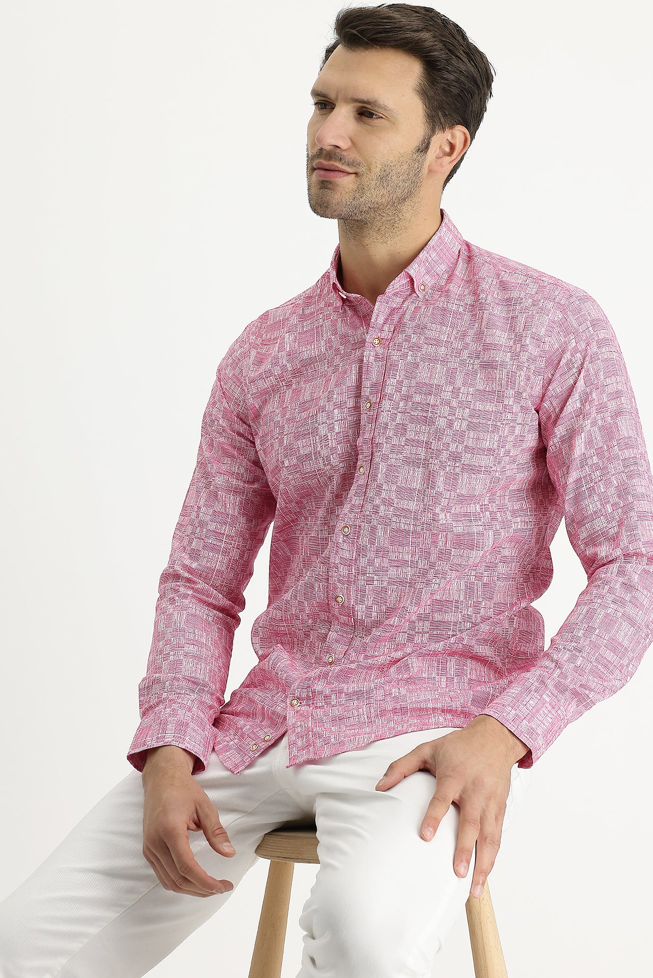 Şeker Pembe Uzun Kol Slim Fit Dar Kesim Baskılı Pamuk Gömlek