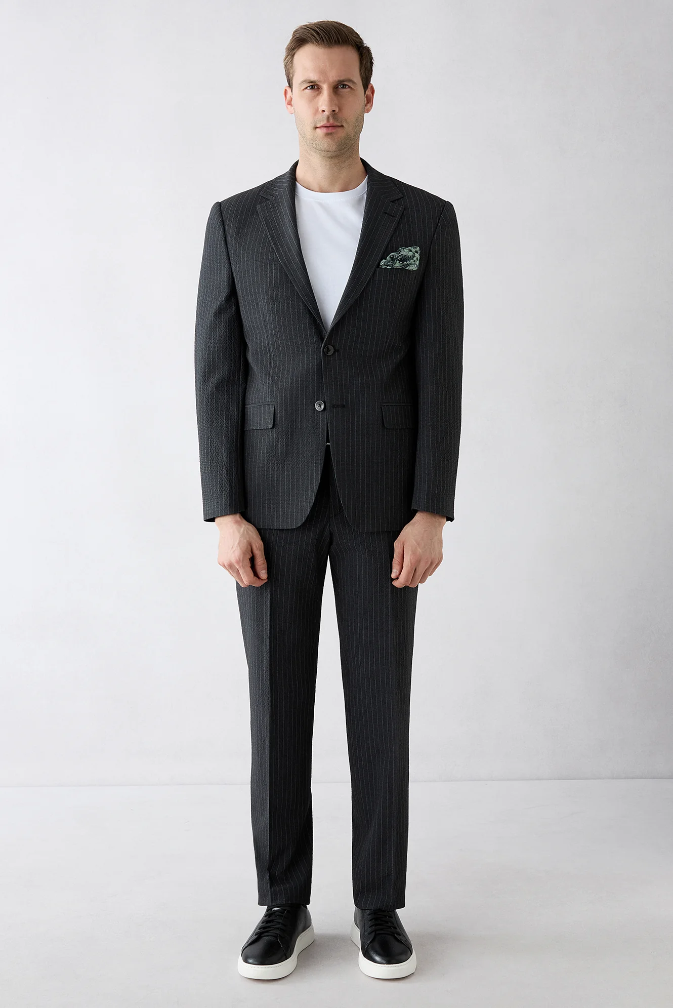Siyah 4 Drop Relaxed Fit Rahat Kesim Mono Yaka Çizgili Takım Elbise - Image 2