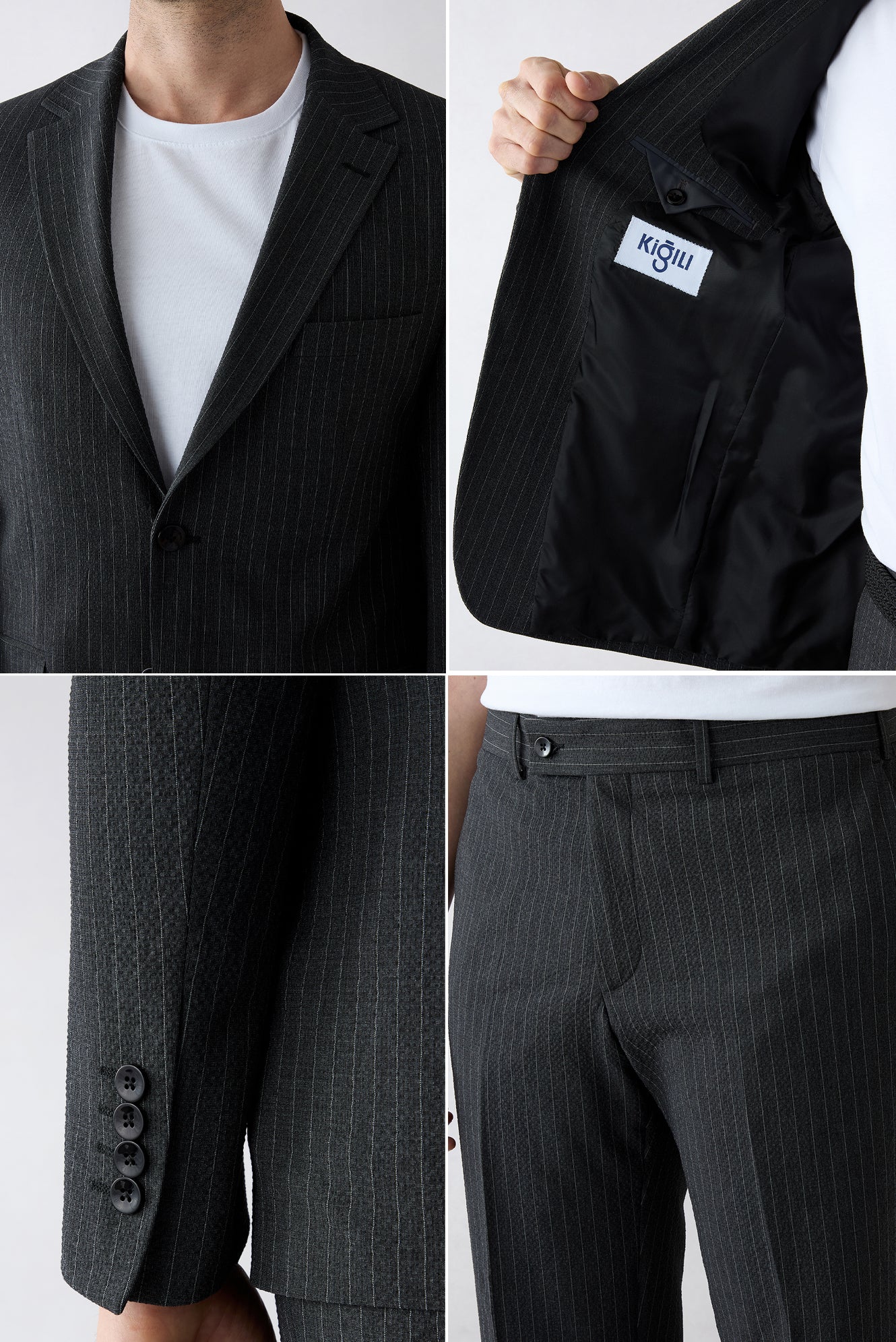 Siyah 4 Drop Relaxed Fit Rahat Kesim Mono Yaka Çizgili Takım Elbise - Image 4