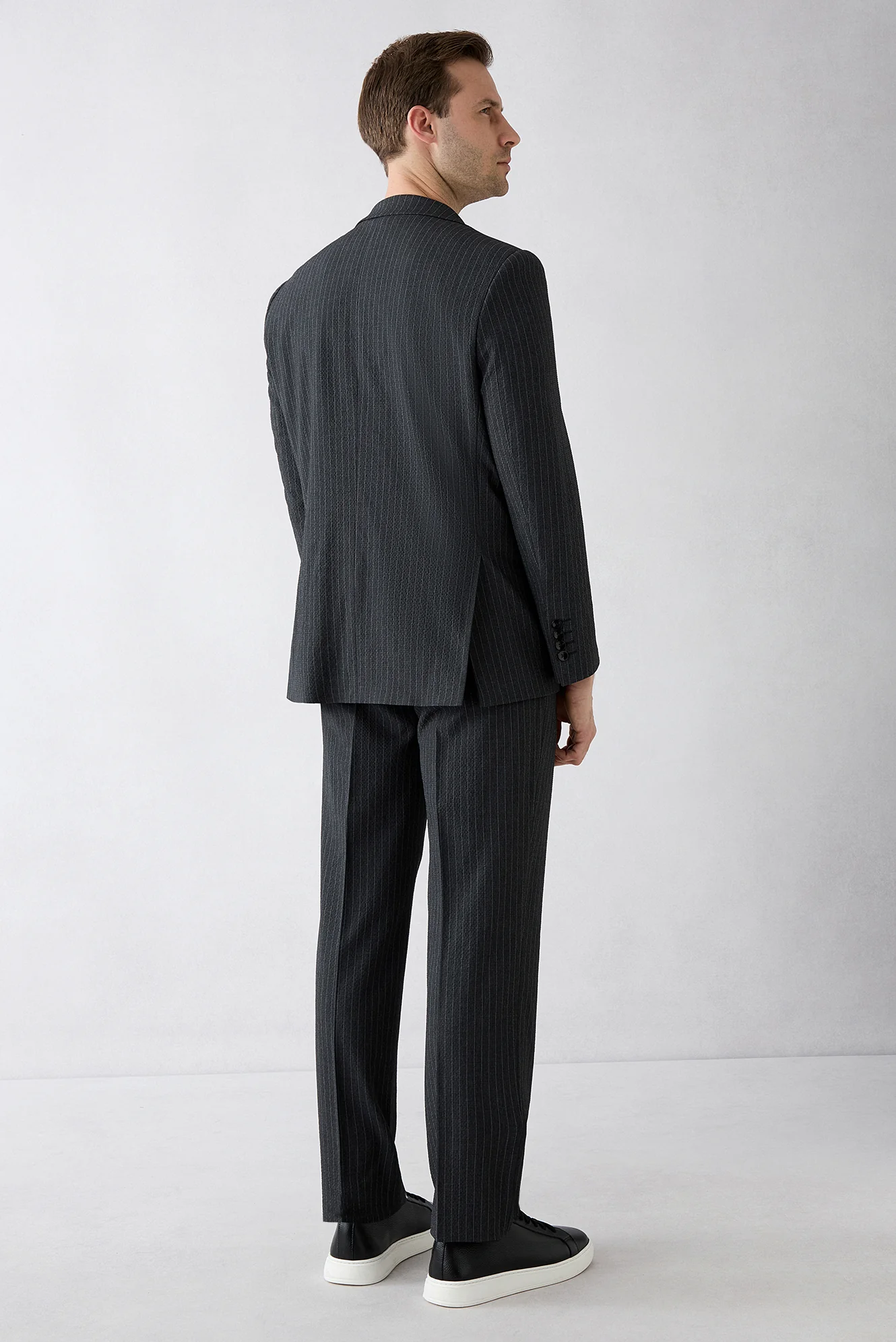 Siyah 4 Drop Relaxed Fit Rahat Kesim Mono Yaka Çizgili Takım Elbise - Image 7