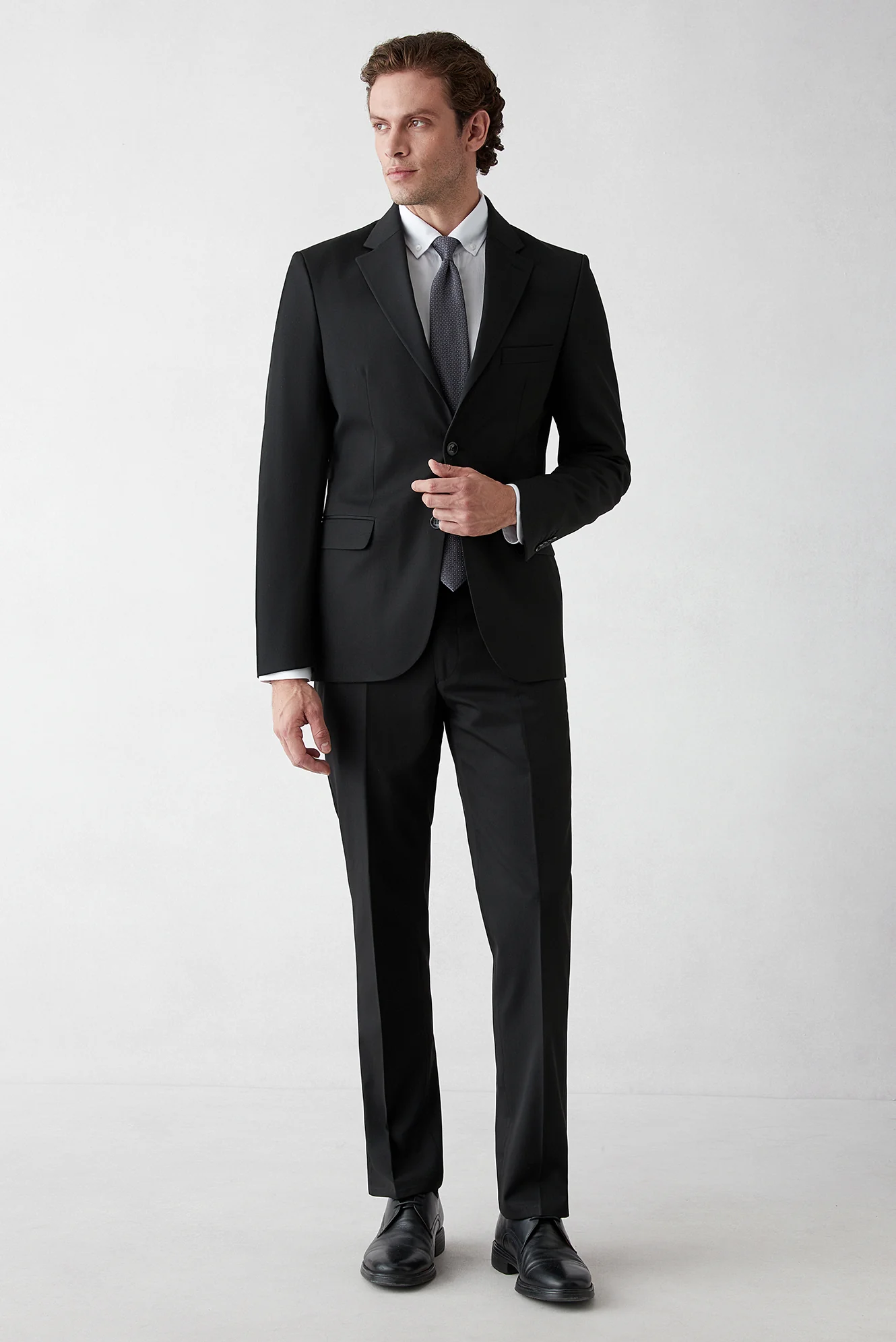 Siyah 7 Drop Slim Fit Dar Kesim Mono Yaka Likralı Düz Takım Elbise