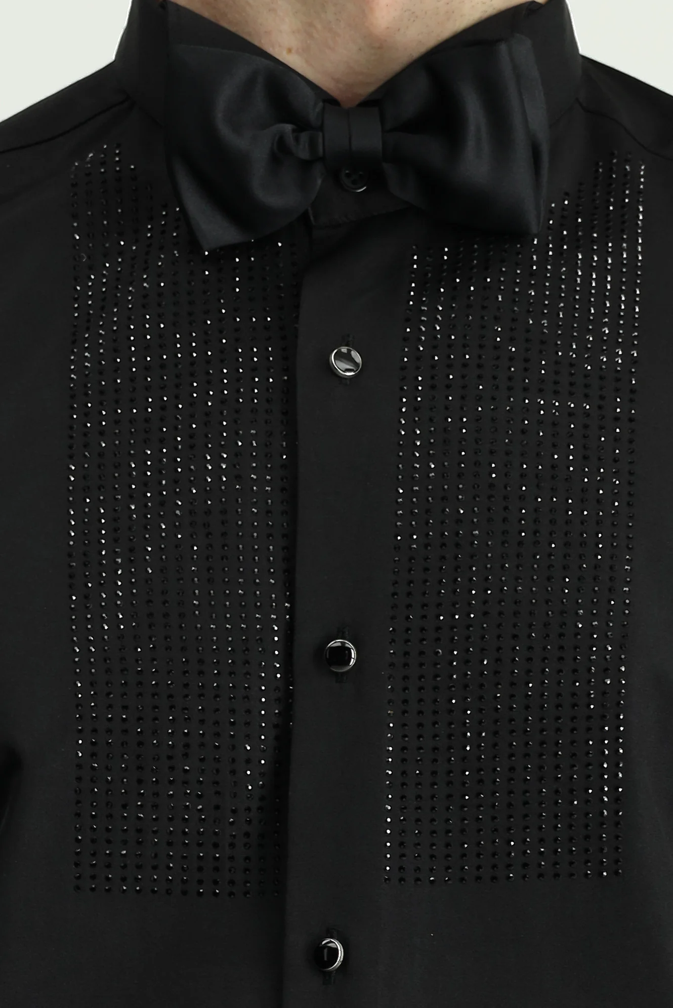 Siyah Ata Yaka Slim Fit Dar Kesim Taşlı Pamuklu Kolay Ütülenebilir Gömlek - Image 5