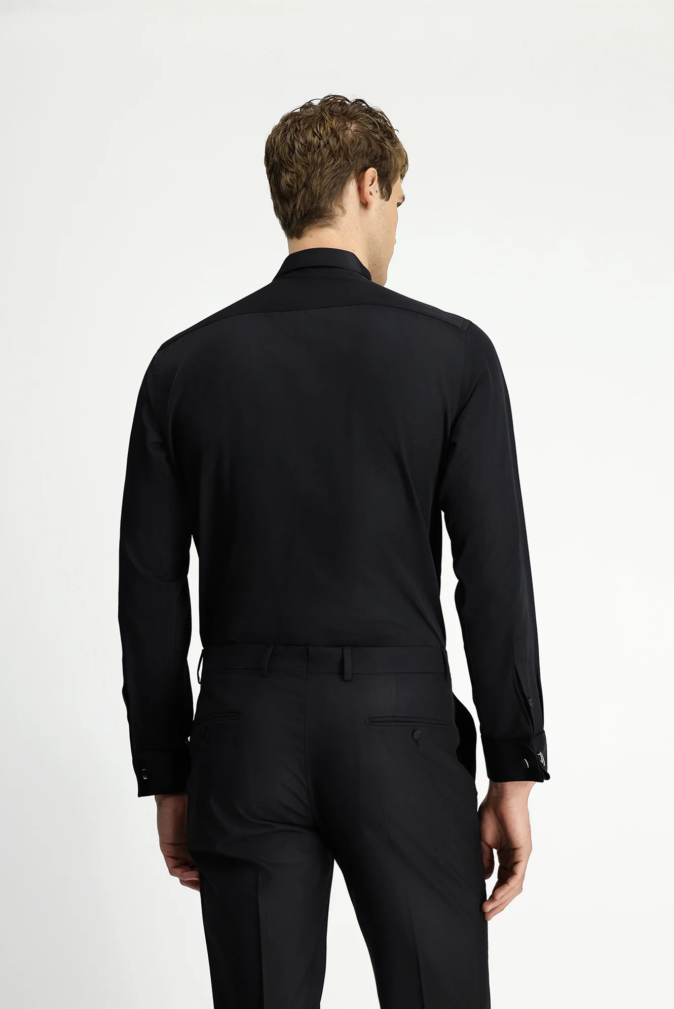 Siyah Ata Yaka Slim Fit Dar Kesim Piliseli Saten Pamuklu Kolay Ütülenebilir Gömlek - Image 5