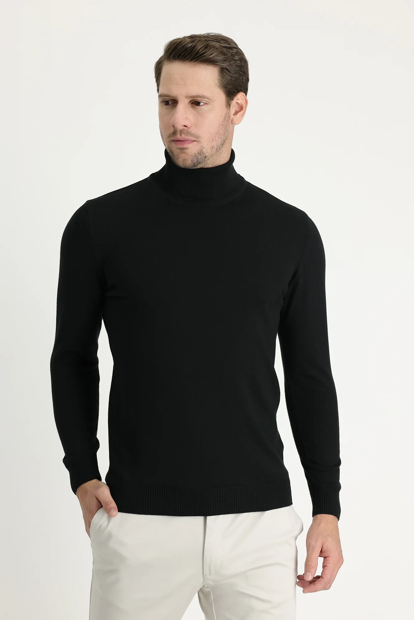 Siyah Balıkçı Yaka Regular Fit Triko Kazak - Image 2
