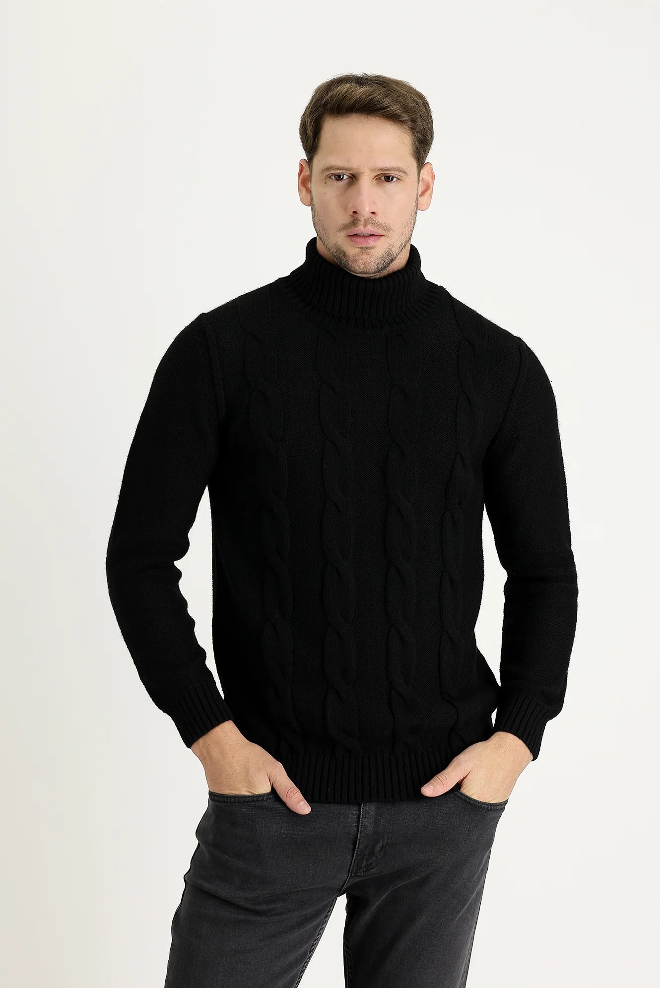 Siyah Balıkçı Yaka Slim Fit Dar Kesim Yünlü Desenli Triko Kazak