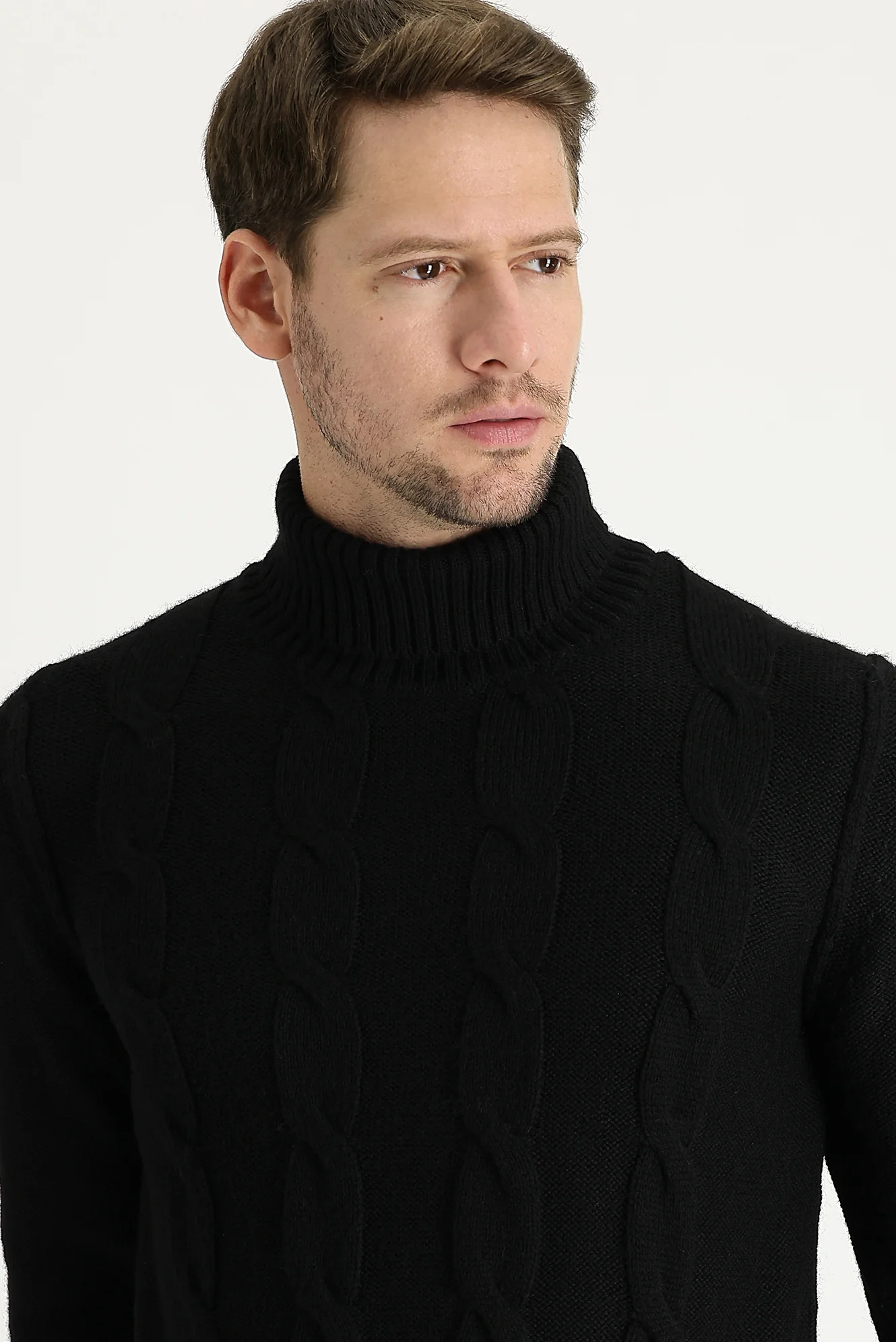 Siyah Balıkçı Yaka Slim Fit Dar Kesim Yünlü Desenli Triko Kazak - Image 2
