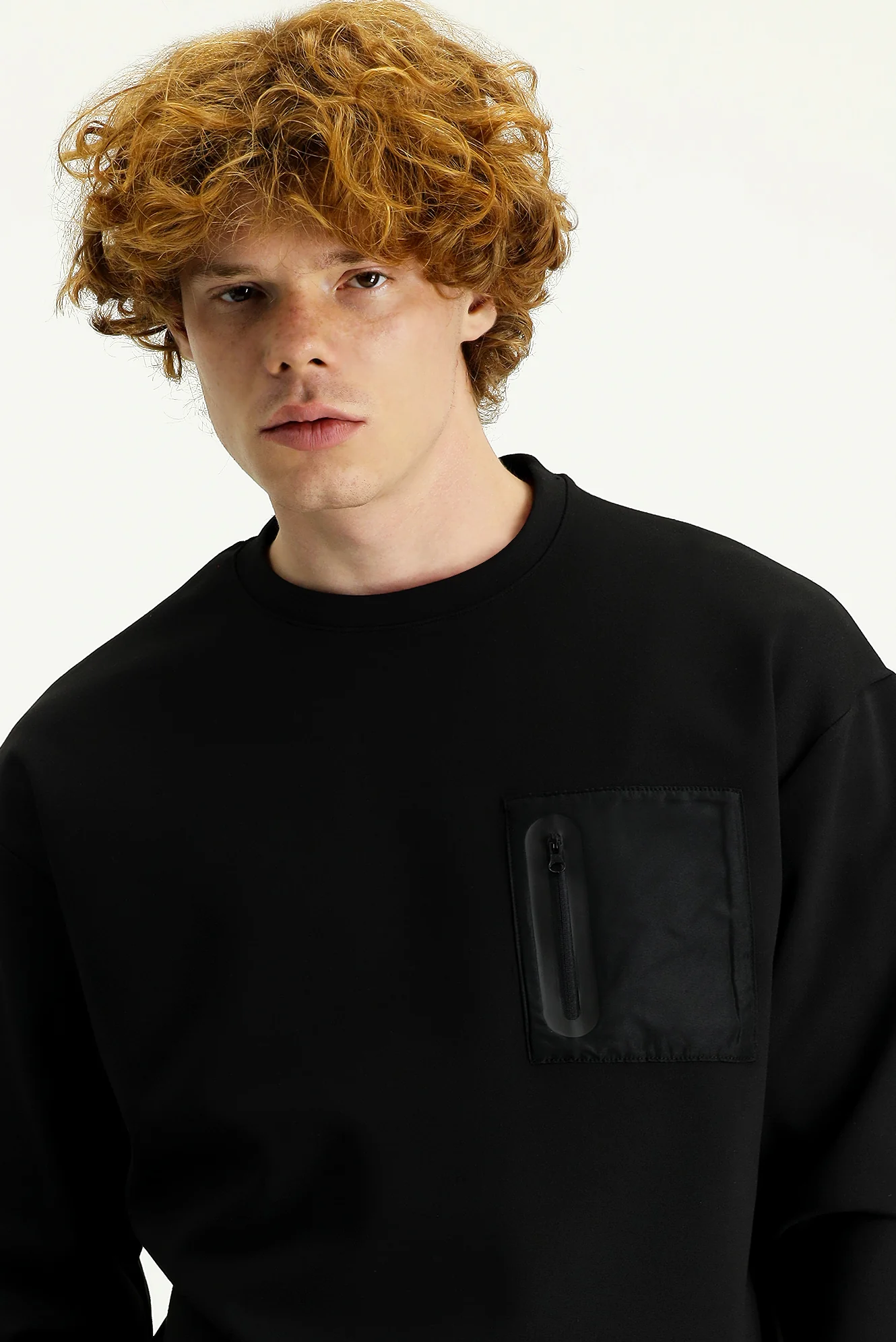 Siyah Bisiklet Yaka Baskılı Oversize Pamuklu Sweatshirt