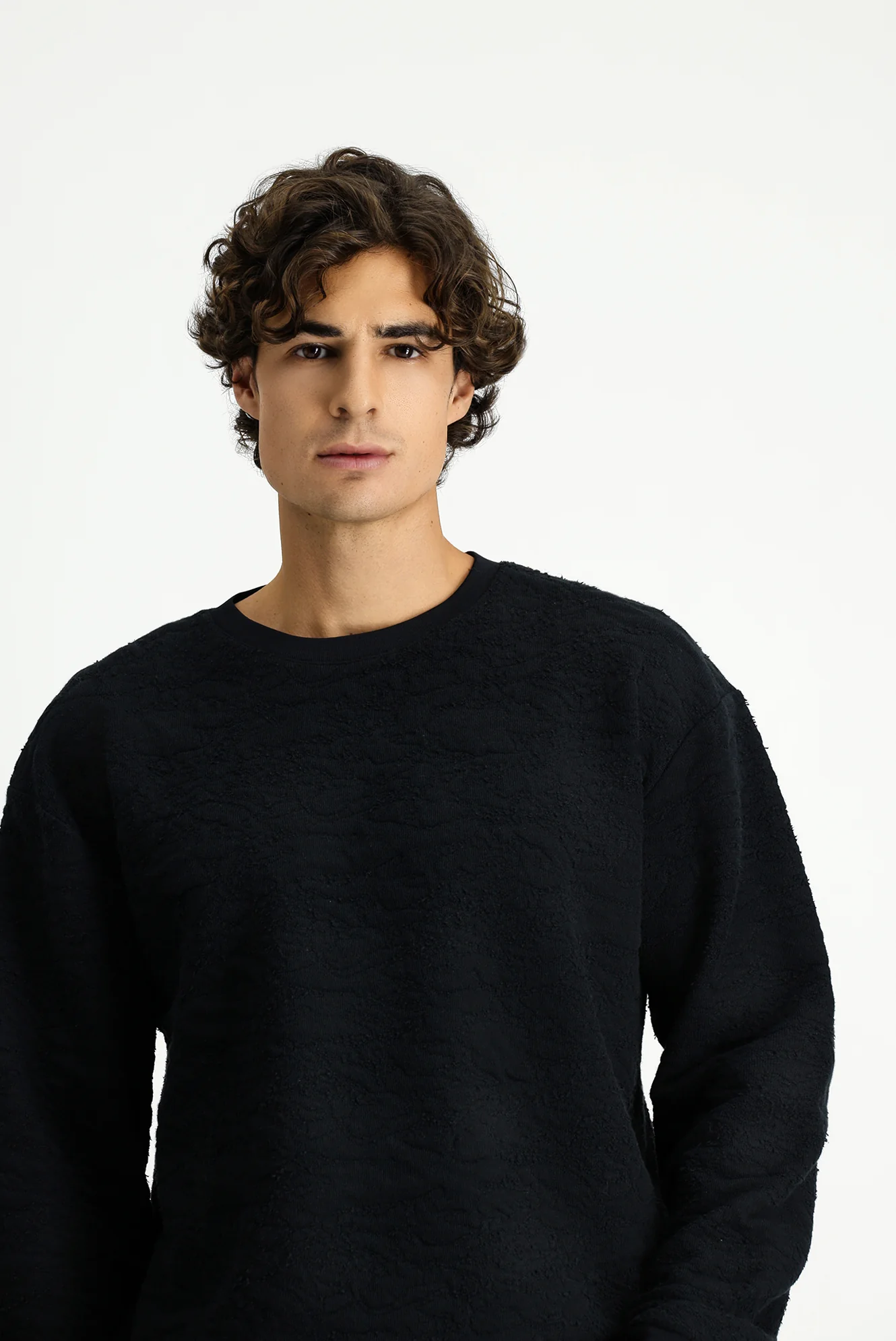 Siyah Bisiklet Yaka Loose Fit Desenli Pamuklu Sweatshirt