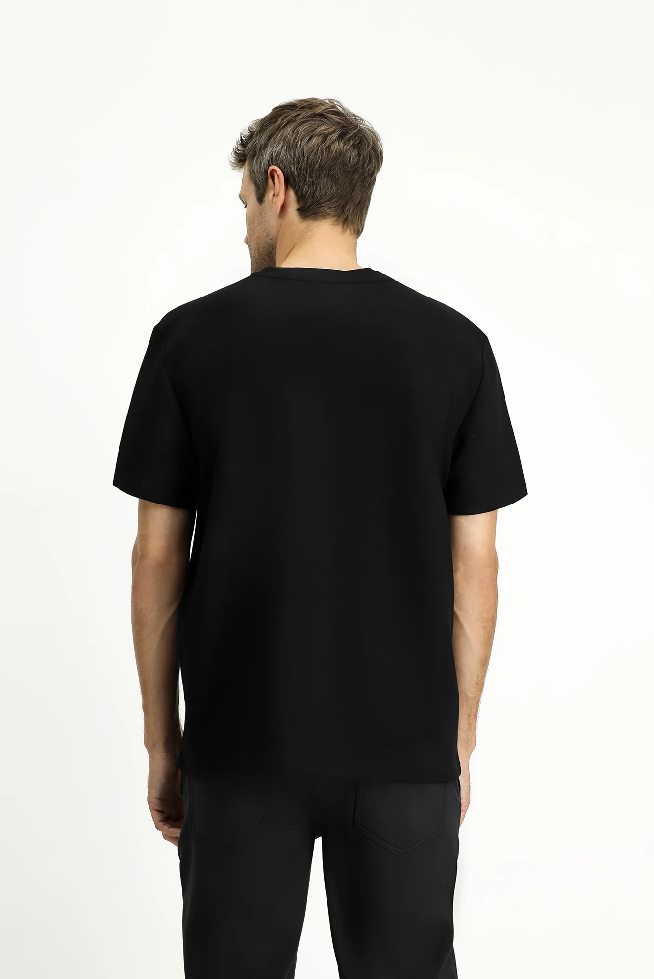 Siyah Bisiklet Yaka Oversize Likralı Baskılı Tişört - Image 4