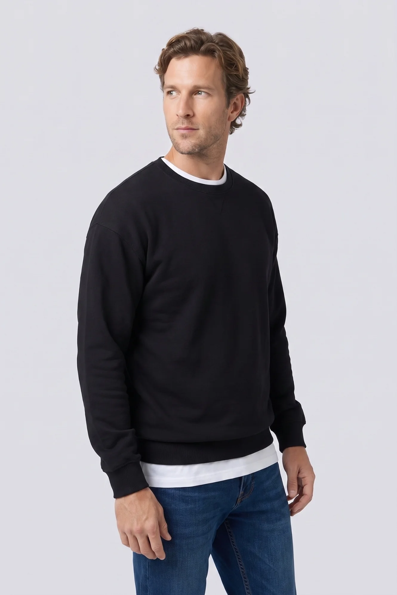 Siyah Bisiklet Yaka Oversize Pamuklu Sweatshirt