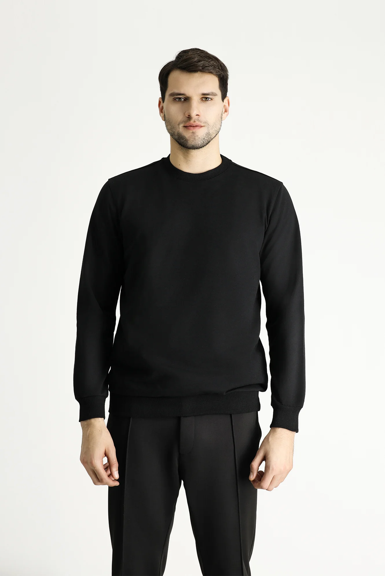 Siyah Bisiklet Yaka Regular Fit Mevsimlik 2 İplik Pamuklu Sweatshirt - Image 3