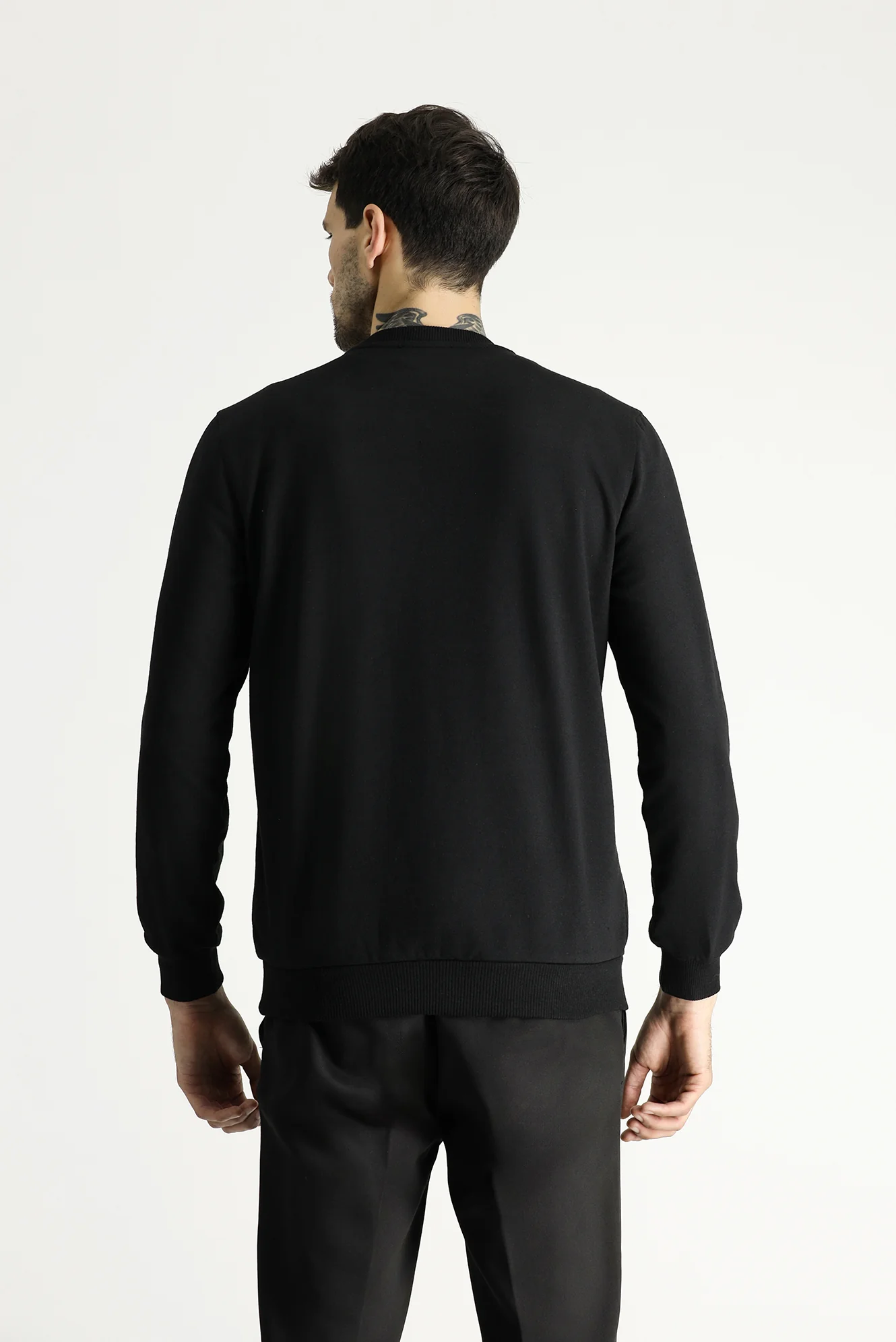 Siyah Bisiklet Yaka Regular Fit Mevsimlik 2 İplik Pamuklu Sweatshirt - Image 4