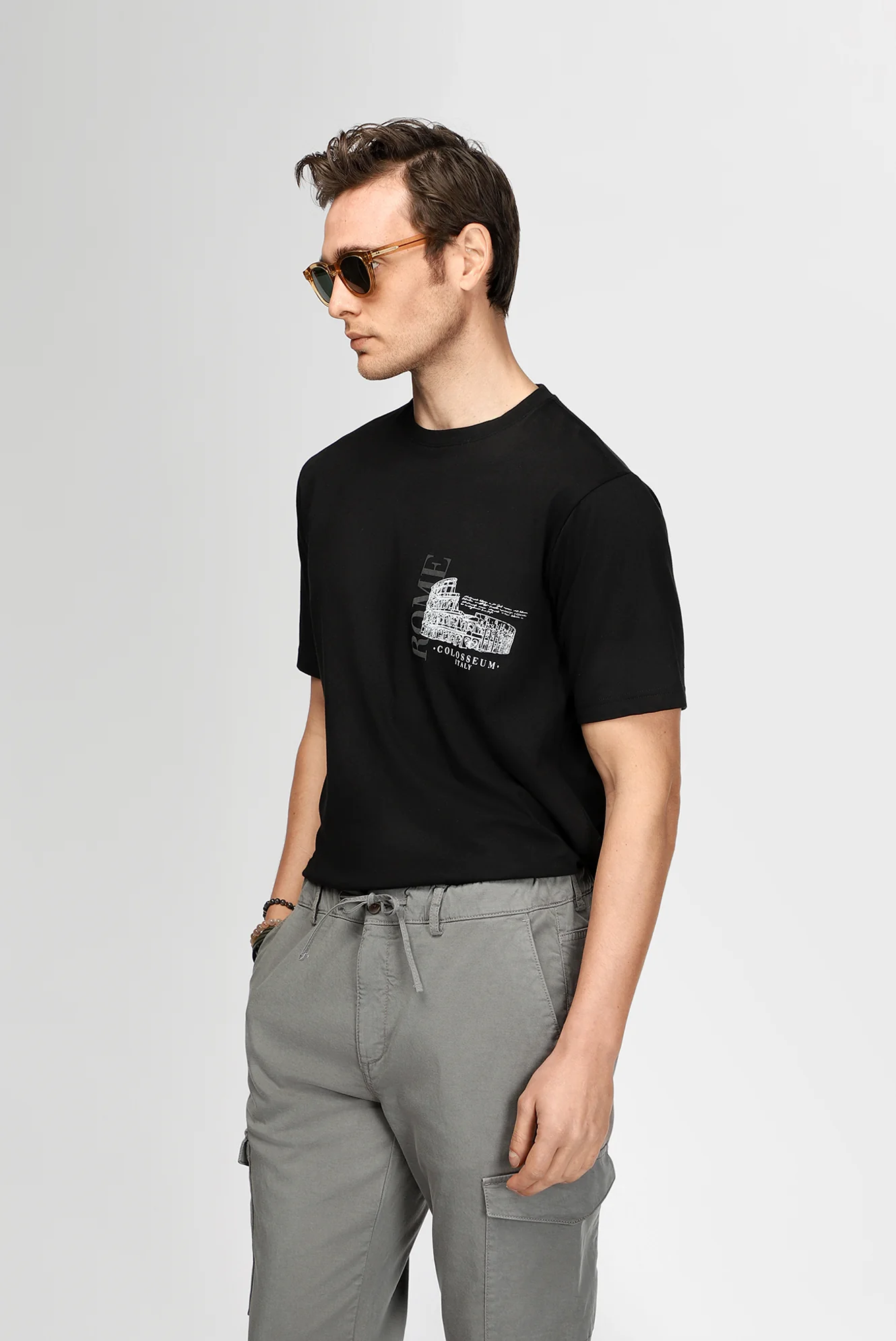 Siyah Bisiklet Yaka Regular Fit Baskılı Pamuk Tişört - Image 3