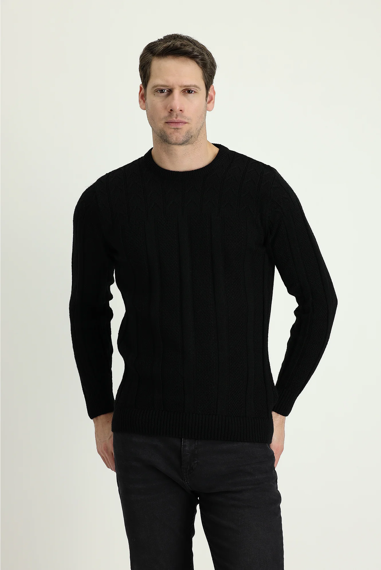 Siyah Bisiklet Yaka Regular Fit Desenli Triko Kazak - Image 2